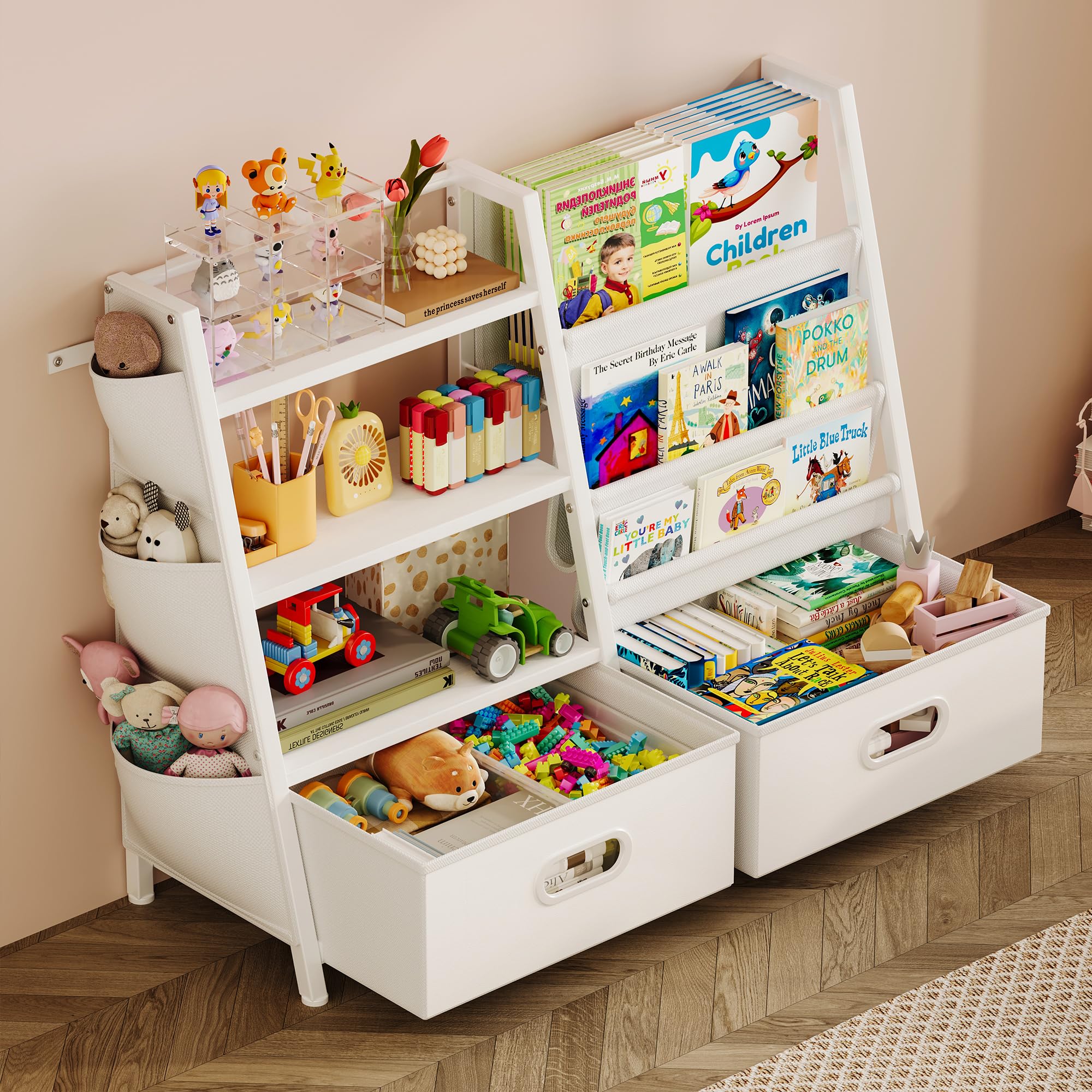 Photo 1 of Homeiju Kids Bookshelf and Toy Storage Organizer, 3 Tier Kids Bookcase, Sling Bookshelf and 2 Toy Bins with Toy Storage Organizer for Children Room, Playroom, Nursery, White