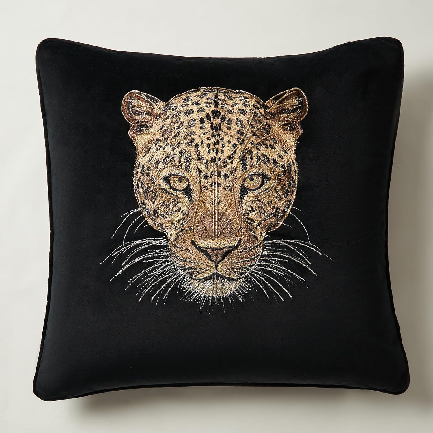 Z Gallerie Namir Embroidered Leopard 22" Pillow, Luxurious Black Velvet Decorative Throw with Removable Cover & Feather Down Insert, Ideal for Sofas and Beds