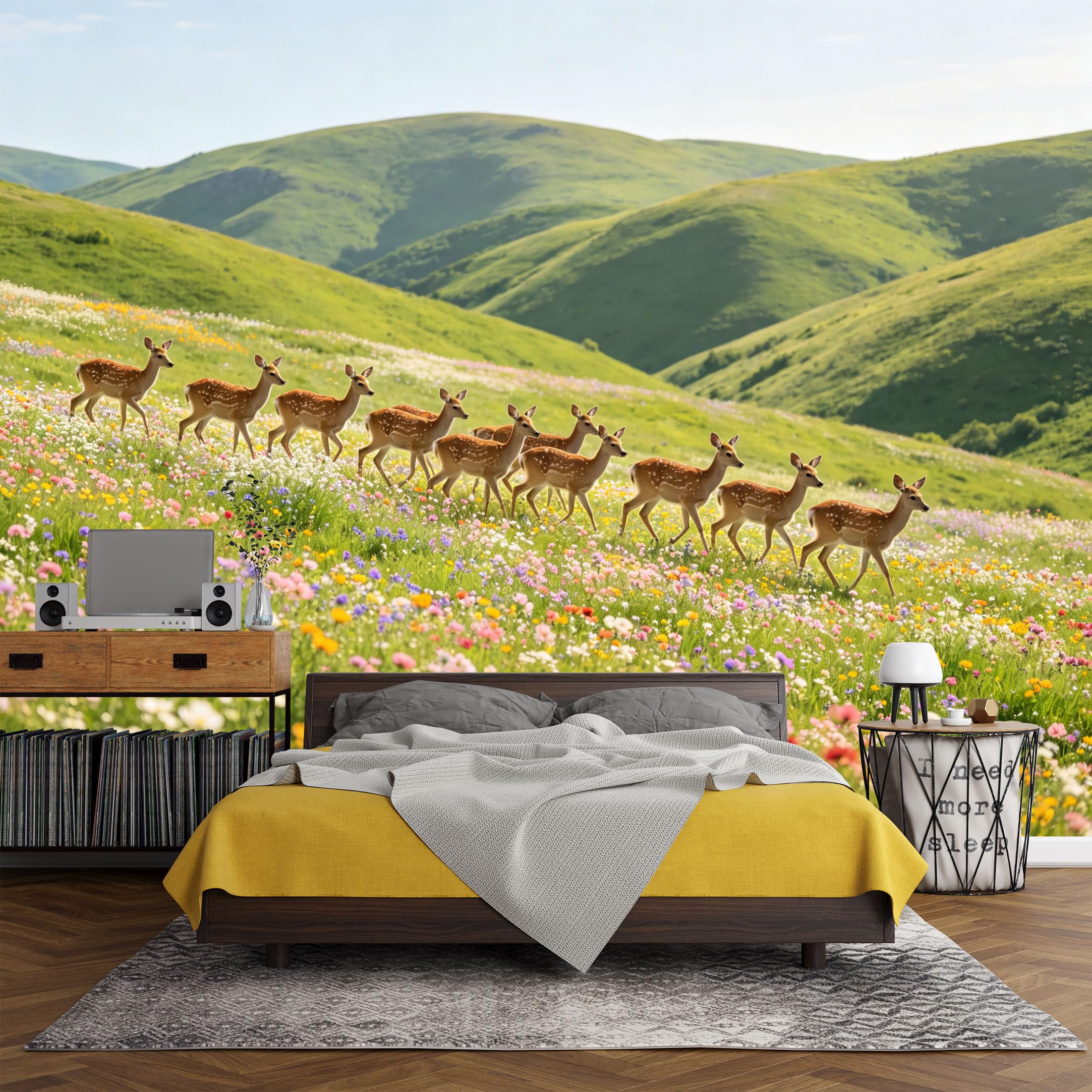 Custom Size Wall Mural， Landscape Deer Meadow Wildflower Hills Spring Nature Scene，SelfAdhesive Art Prints wall Fabric (No PVC) Removable Wallpaper Living Room Decor