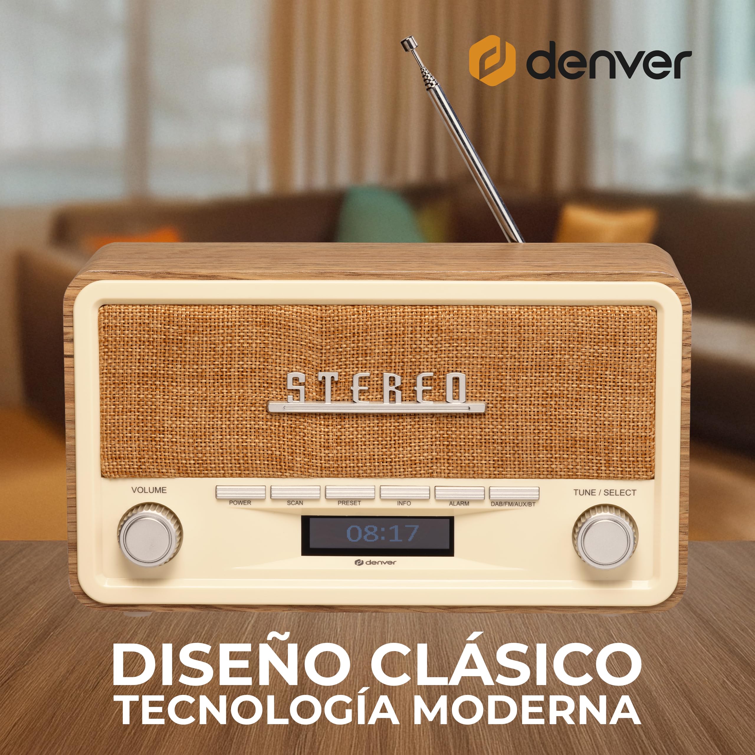 Denver DAB-18 Radio Dab+/FM Bluetooth, AUX, Reloj Despertador, Pantalla LCD, Acabado Madera Clara