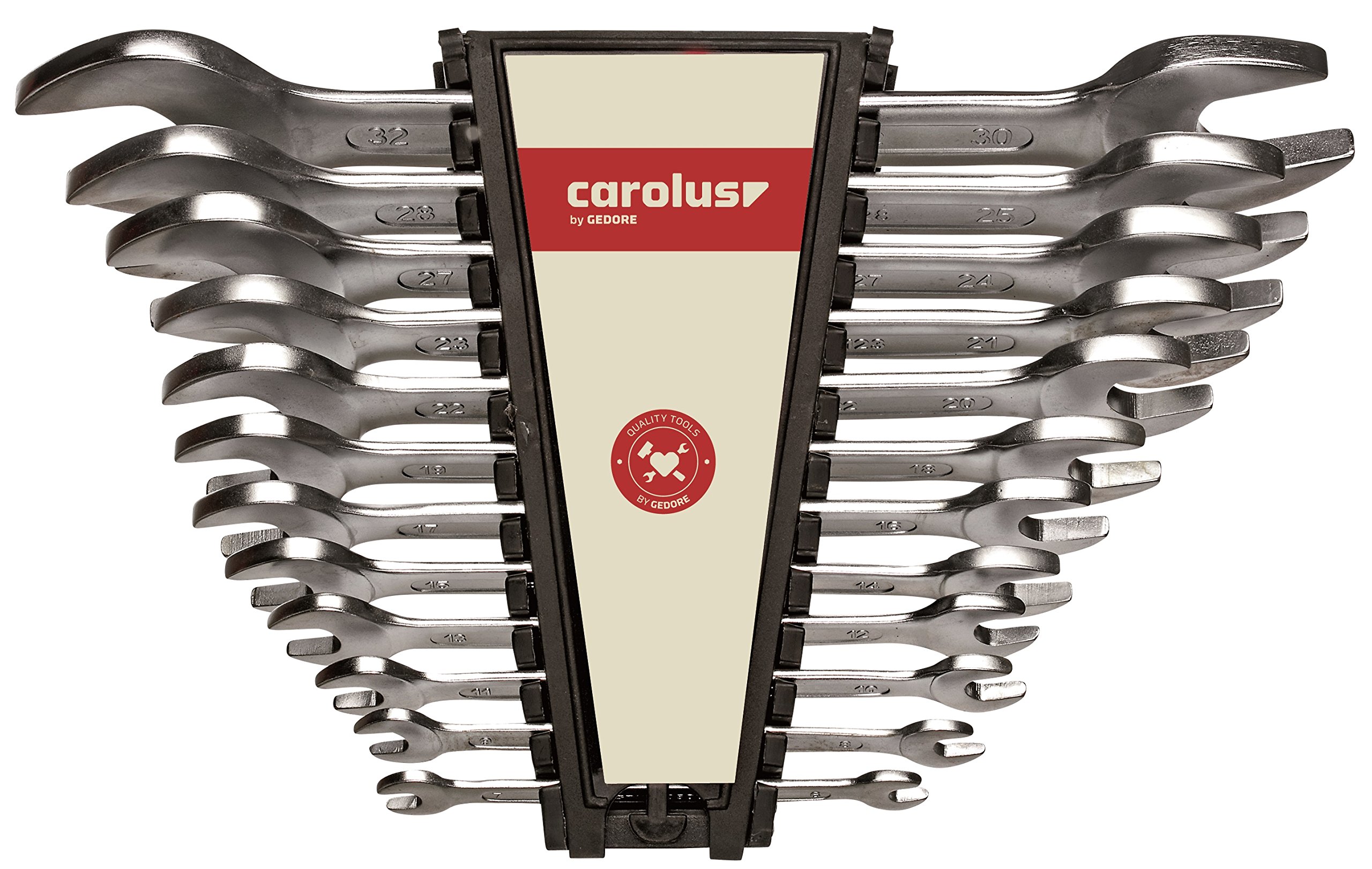 Carolus 0500.0012 zestaw kluczy płasko-płaskich, 12-częściowy, z podwójnym kluczem płaskim, w rozmiarach SW 6-32 mm, przyczepna powierzchnia, w praktycznym uchwycie z tworzywa sztucznego