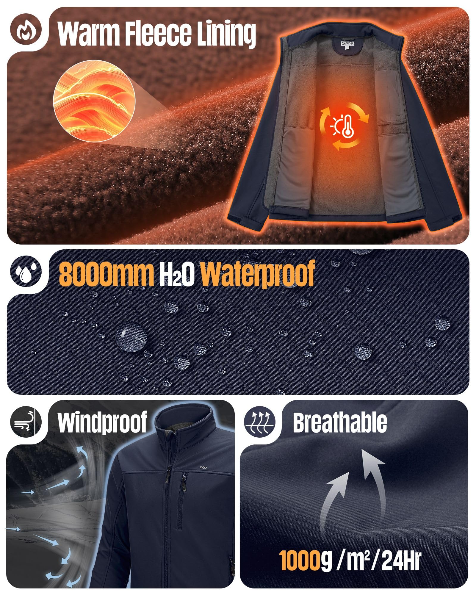33,000ft Chaquetas impermeables para hombre, con forro polar, chaquetas softshell para hombre, resistentes al viento, para trabajo, senderismo, con bolsillo con cremallera