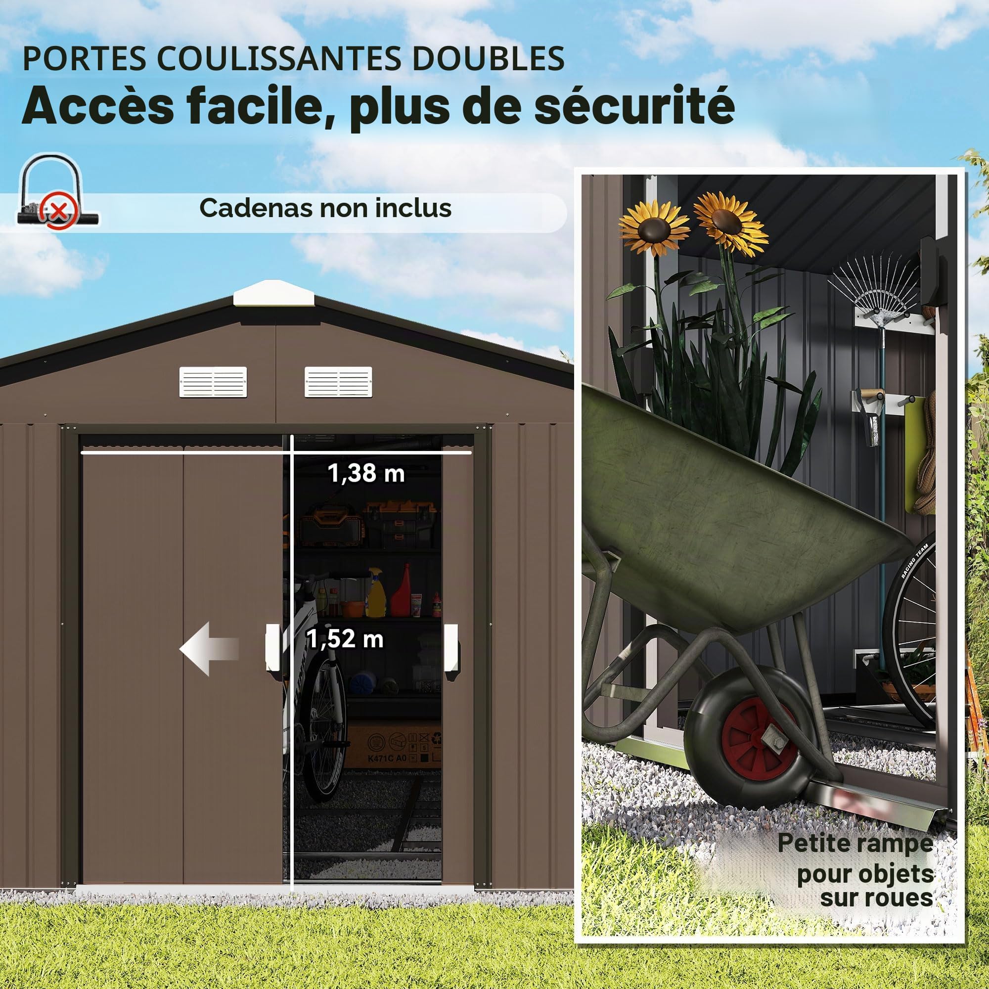 Outsunny 11' x 13' Abri de Jardin métallique de Rangement, Brun