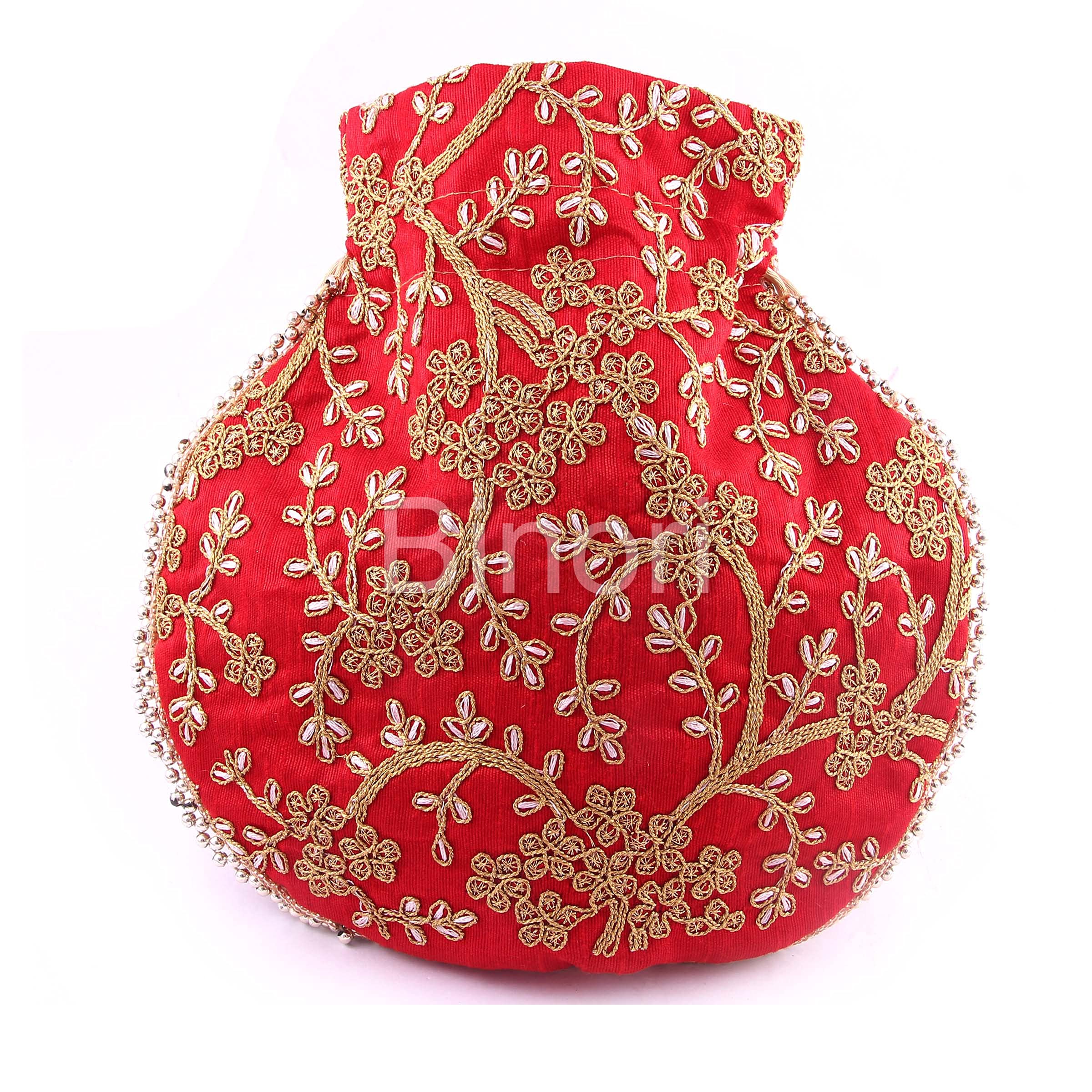 BINORI FASHIONS Rajasthani Style Royal Clutch Silk Batwa Bag Wristlets Ethnic Potli For Women's Zari Work Potli Bridal Potli (Red)
