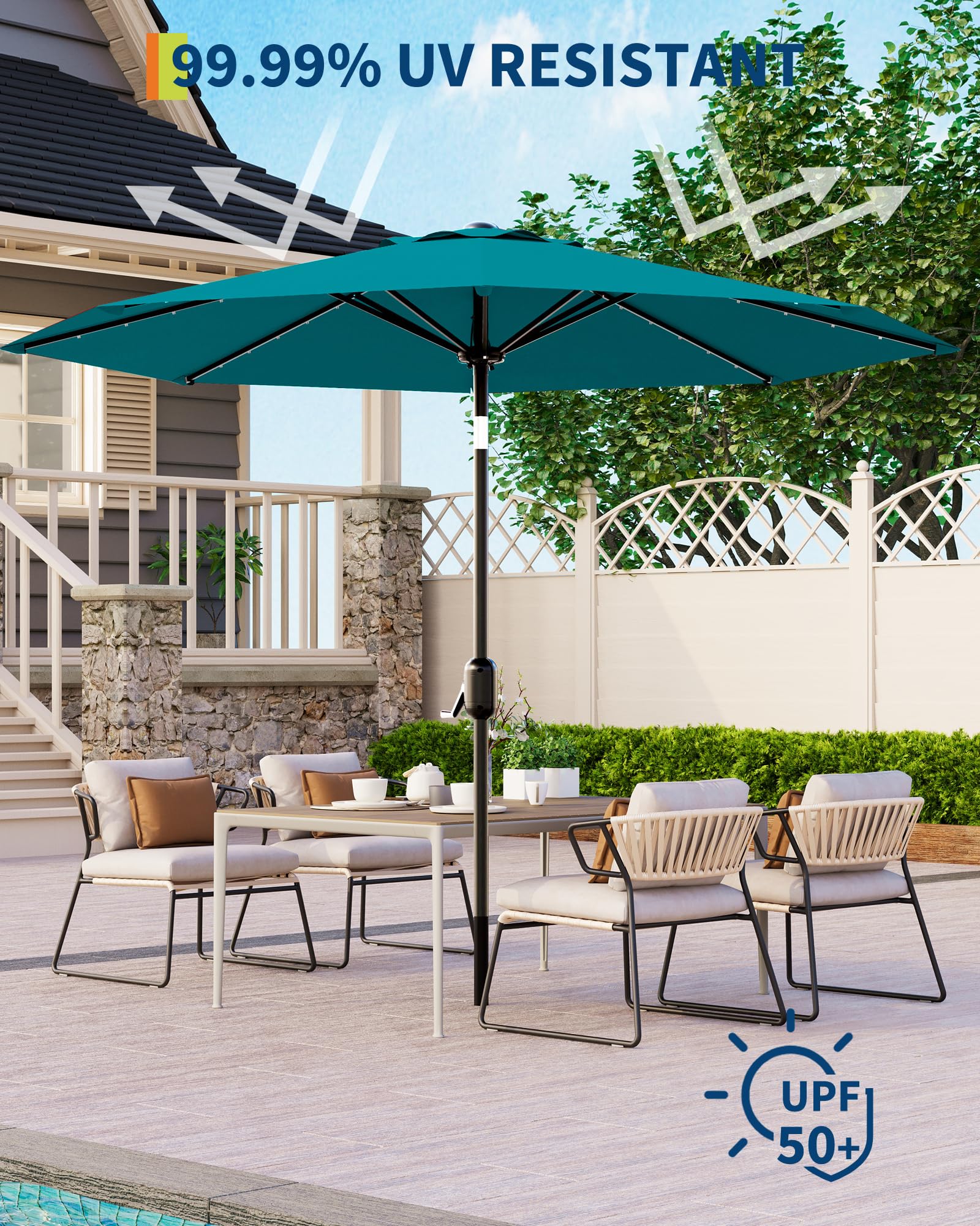amazon prime 10 foot turquoise patio umbrella with lights Amazon.com : GarveeLife 10 Ft Patio Umbrella with Solar Lights, 8 Ribs Outdoor  Market Table Umbrella with 40 LED Lights & Tilt Crank for Pool, Deck,  Backyard, Turquoise Blue : Patio, Lawn & Garden