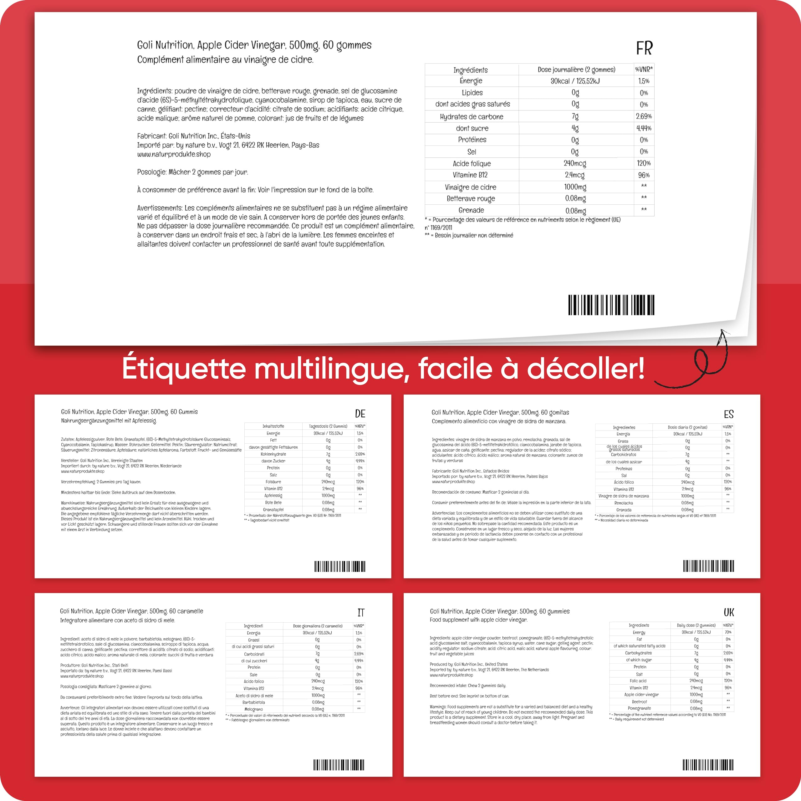 Goli Nutrition, Apple Cider Vinegar Gummies (Gommes au Vinaigre de Cidre), 500mg, 60 Gommes végétaliennes, Sans Gélatine, Sans Gluten, Végétarien, Sans OGM