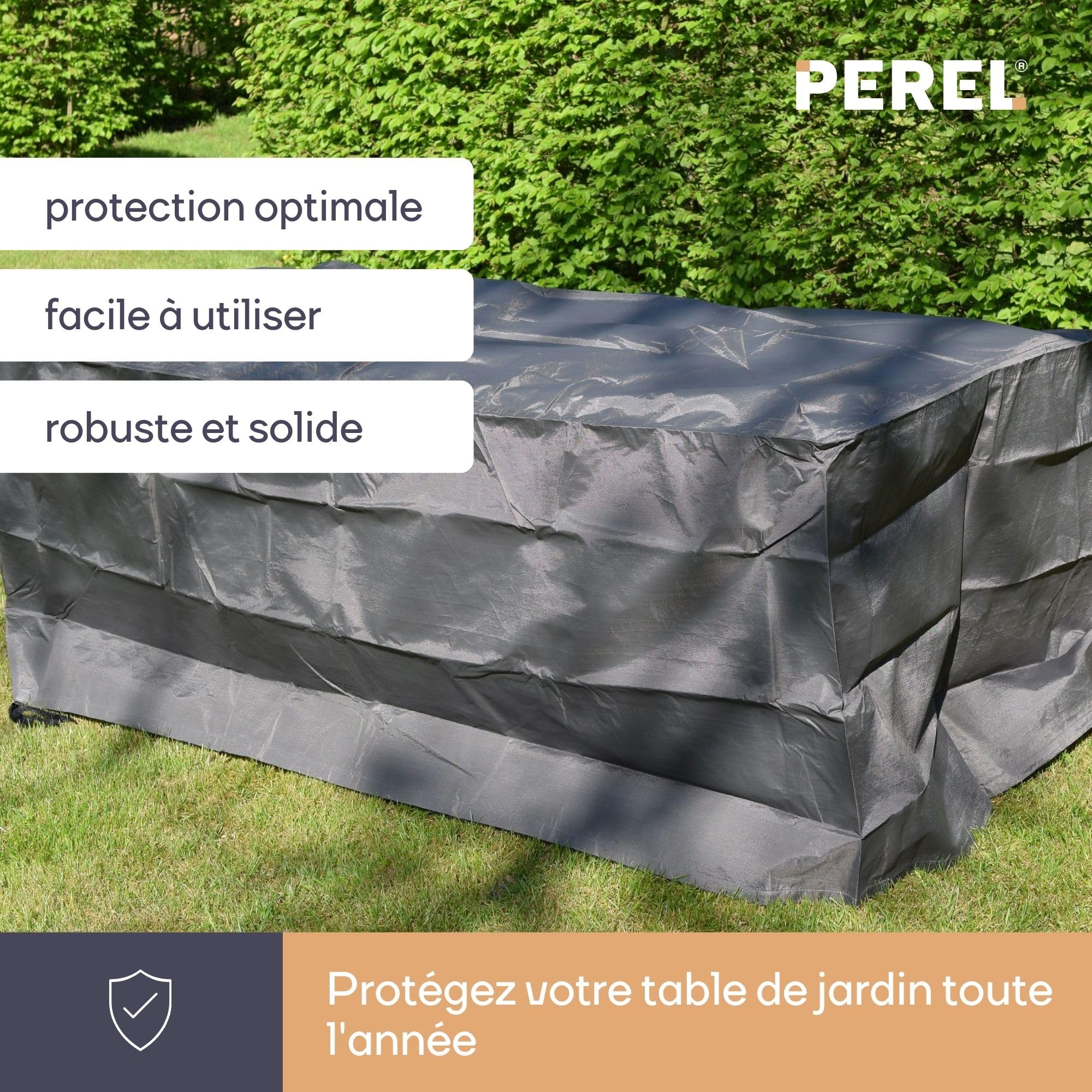Perel Housse de table extérieure 305 x 110 x 75 cm, étanche et résistante aux UV, protection durable pour tables de jardin jusqu’à 300 cm, matériau solide contre la pluie, la saleté et le soleil