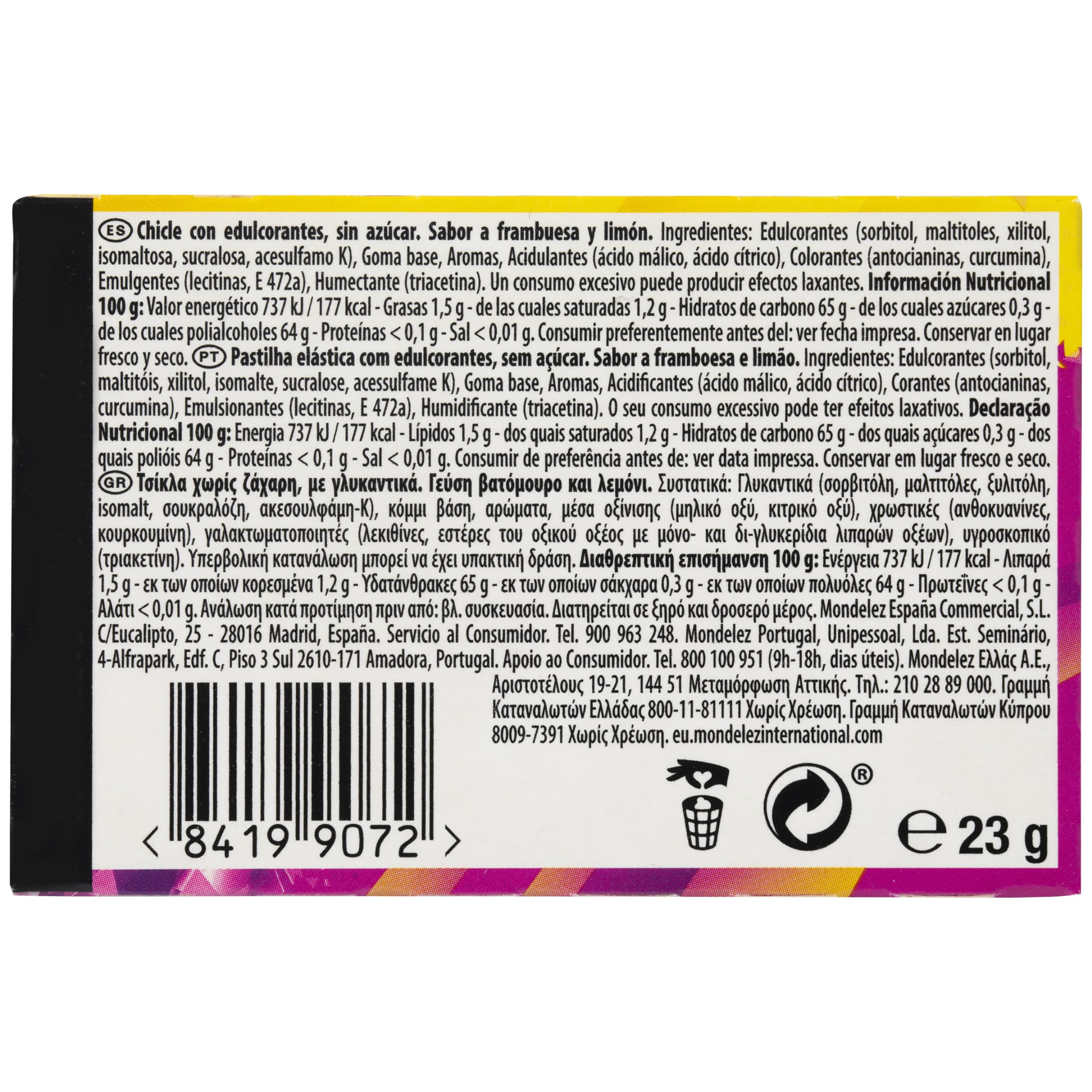 Trident Max Raspberry Lemon- Chicles sin Azúcar con Sabor a Frambuesa y Limón- Paquete de 12 Envases de 23 g