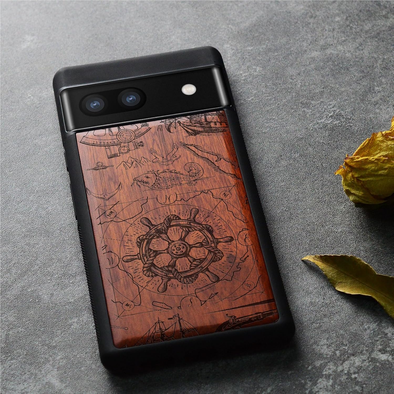 Carveit Wood Case for Pixel 6a Case [Natural Wood & Black Soft TPU] Shockproof Protective Unique Wooden Cover Compatible with Google Pixel 6a (Vintage Wooden Wheel-Rosy)