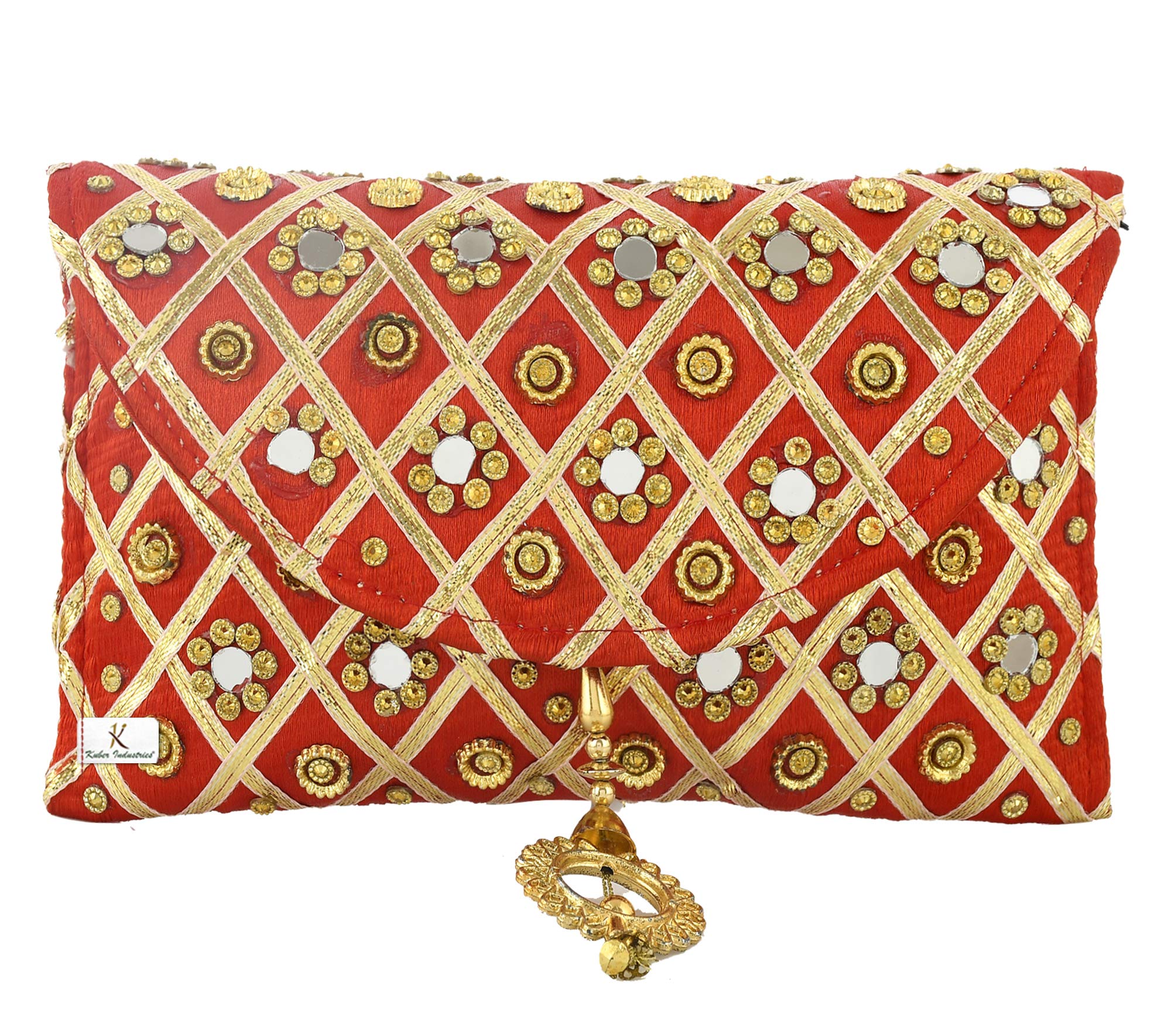 Kuber Industries Women's Silk Traditional Mirror Work Envelope Clutch Bag Purse Handbag for Bridal, Casual, Party, Wedding (Red)-KUBMART11448-picture-15