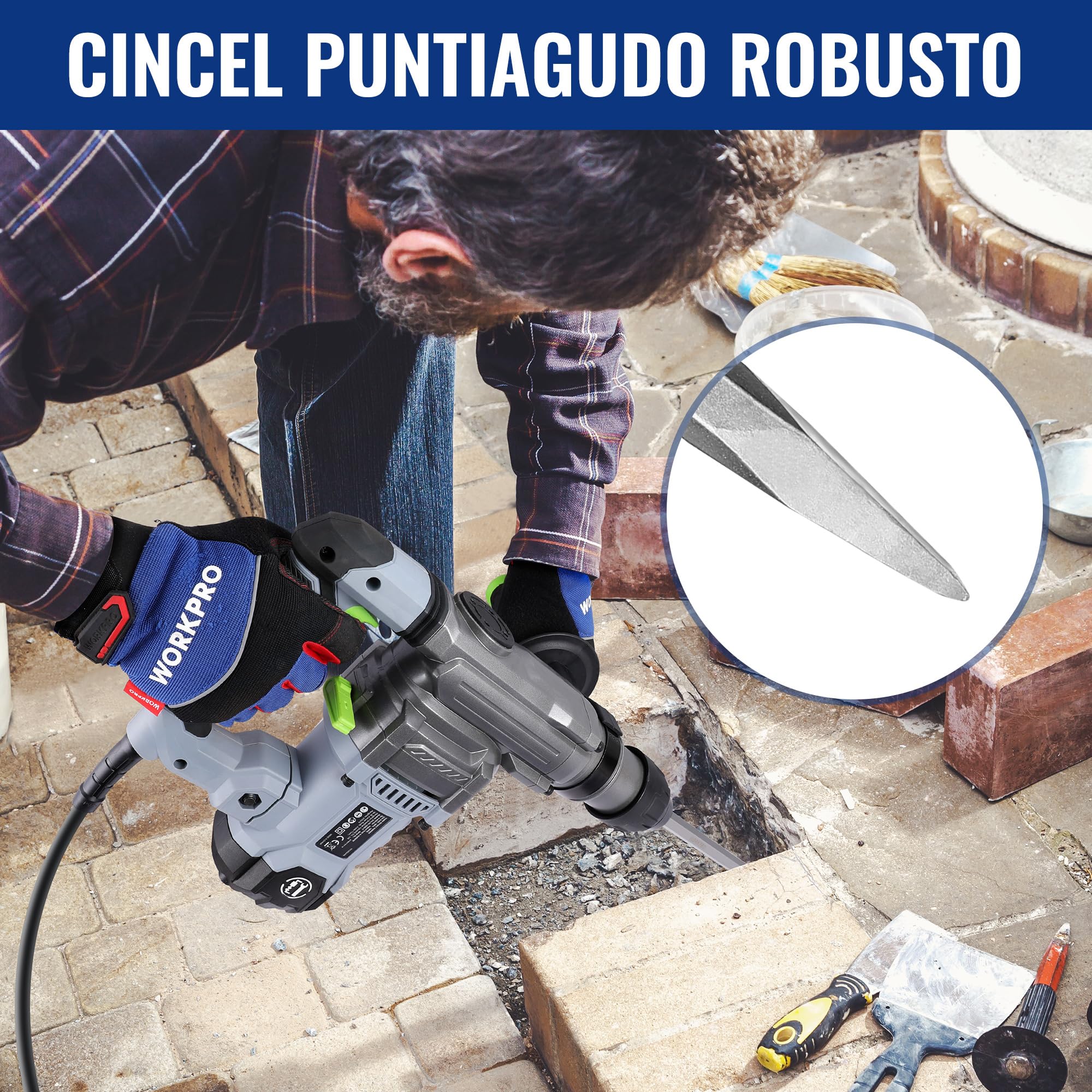 WORKPRO Juego de Brocas y Cinceles SDS Plus de 17 Piezas, Accesorios para Taladros de Martillo, con Estuche de Almacenamiento, para Concreto, Azulejos, Ladrillos, Cemento, Piedra y Mampostería