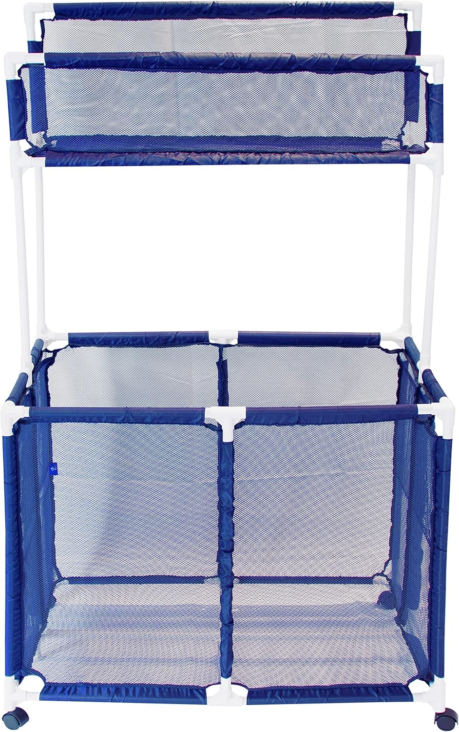 Pool Storage Equipment Organizer Holder - Noodles, Toys, Balls and Floats Mesh Rolling Double Decker Bin, Large with Noodle Rack, (23" L x 35.3" W x 59.4" H), Blue/White