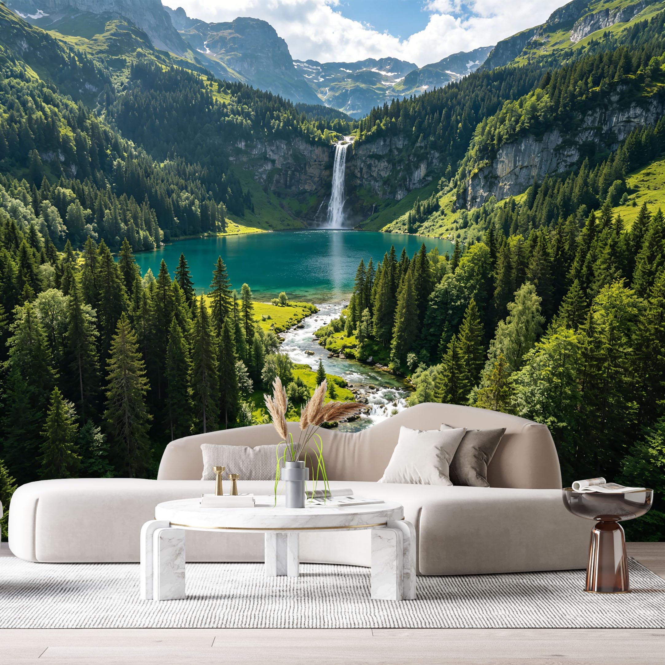Custom Size Wall Murals Waterfall Mountain Lake Landscape Forest Pine Trees Nature Scenery SelfAdhesive Wall Fabric Removable Large Wallpaper for Photo Living Room
