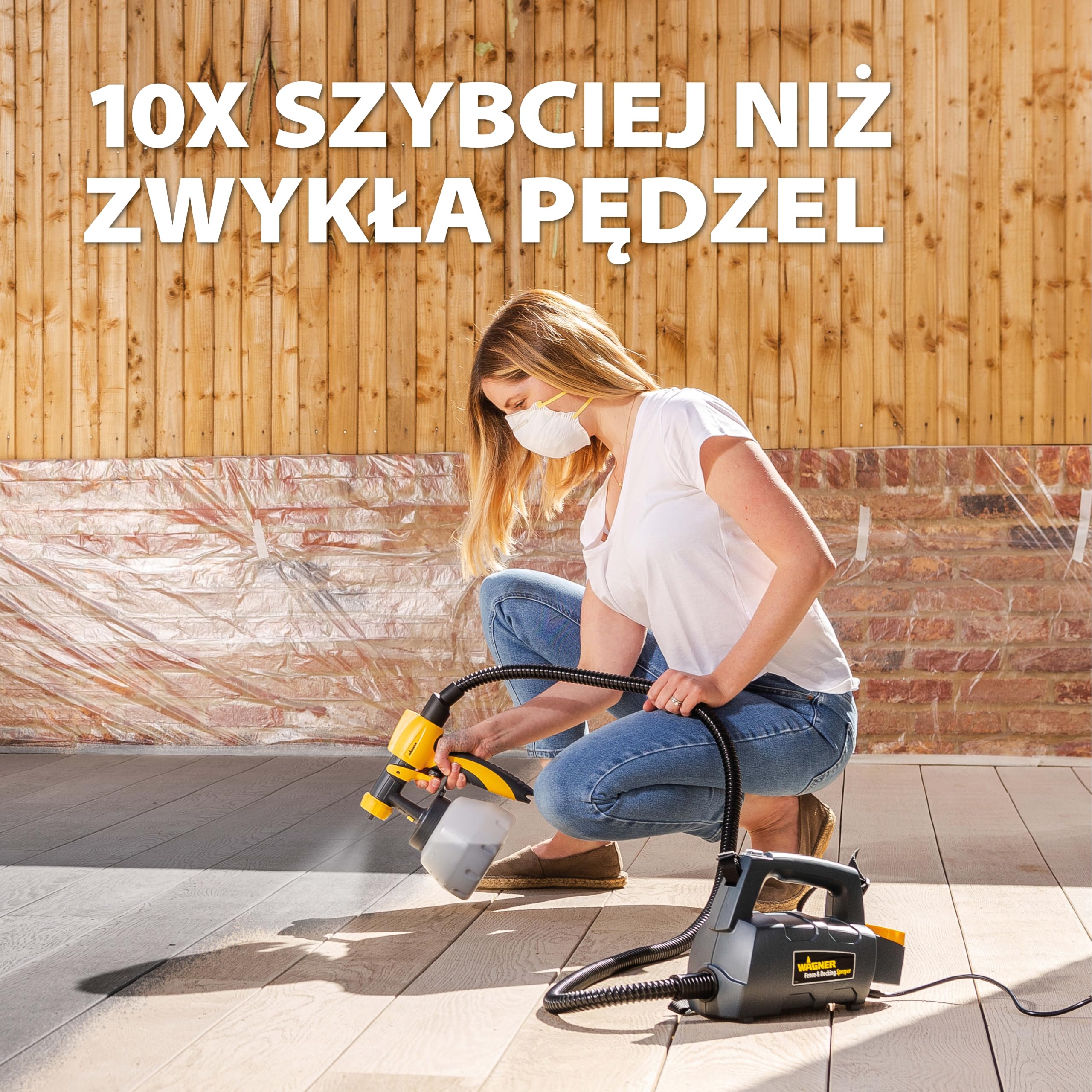 Pistolet malarski WAGNER Elementy drewniane na zewnątrz,wąż o długości 1,8m | jest przeznaczony do ogrodzeń, drzwi, tarasów lub mebli ogrodowych; pojemność 1400 ml; moc 460 W,pokrywa 5 m² w 9 minut