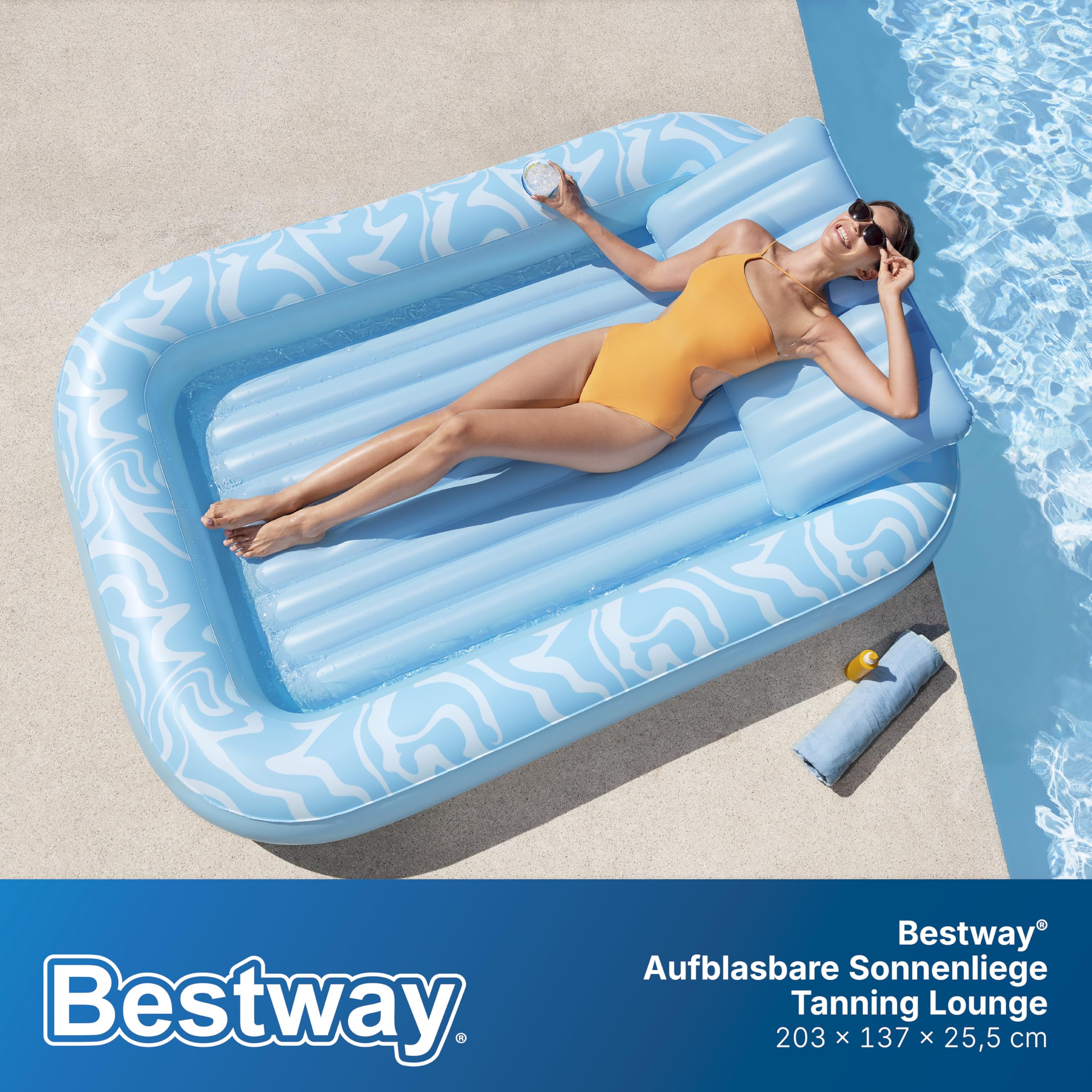 Bestway Aufblasbare Sonnenliege 203 x 137 cm – Große Poolliege & Wasserlounge für 1 Person, mit Kopfkissen & Getränkehalter, auch als Mini-Pool nutzbar für Pool, Strand & Garten