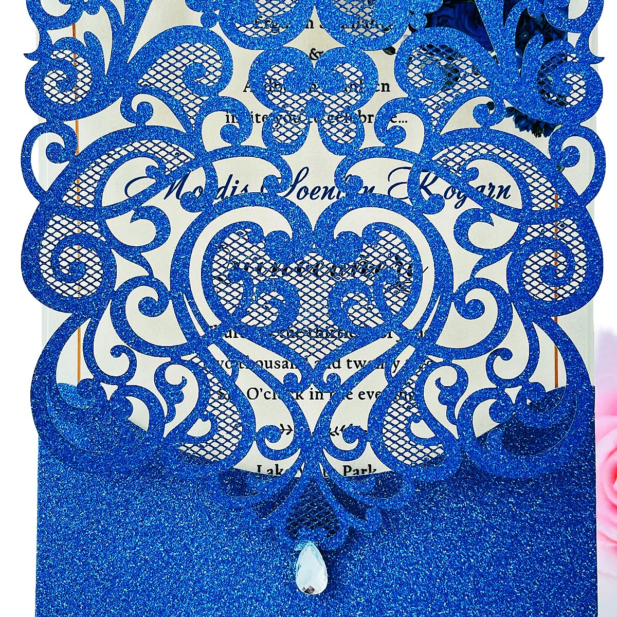 Hosmsua 20x Blu biglietti di invito nozze con busta, taglio laser inviti cuore fiore cavo con strass per matrimonio compleanno anniversario invito di nozze (blu glitter)