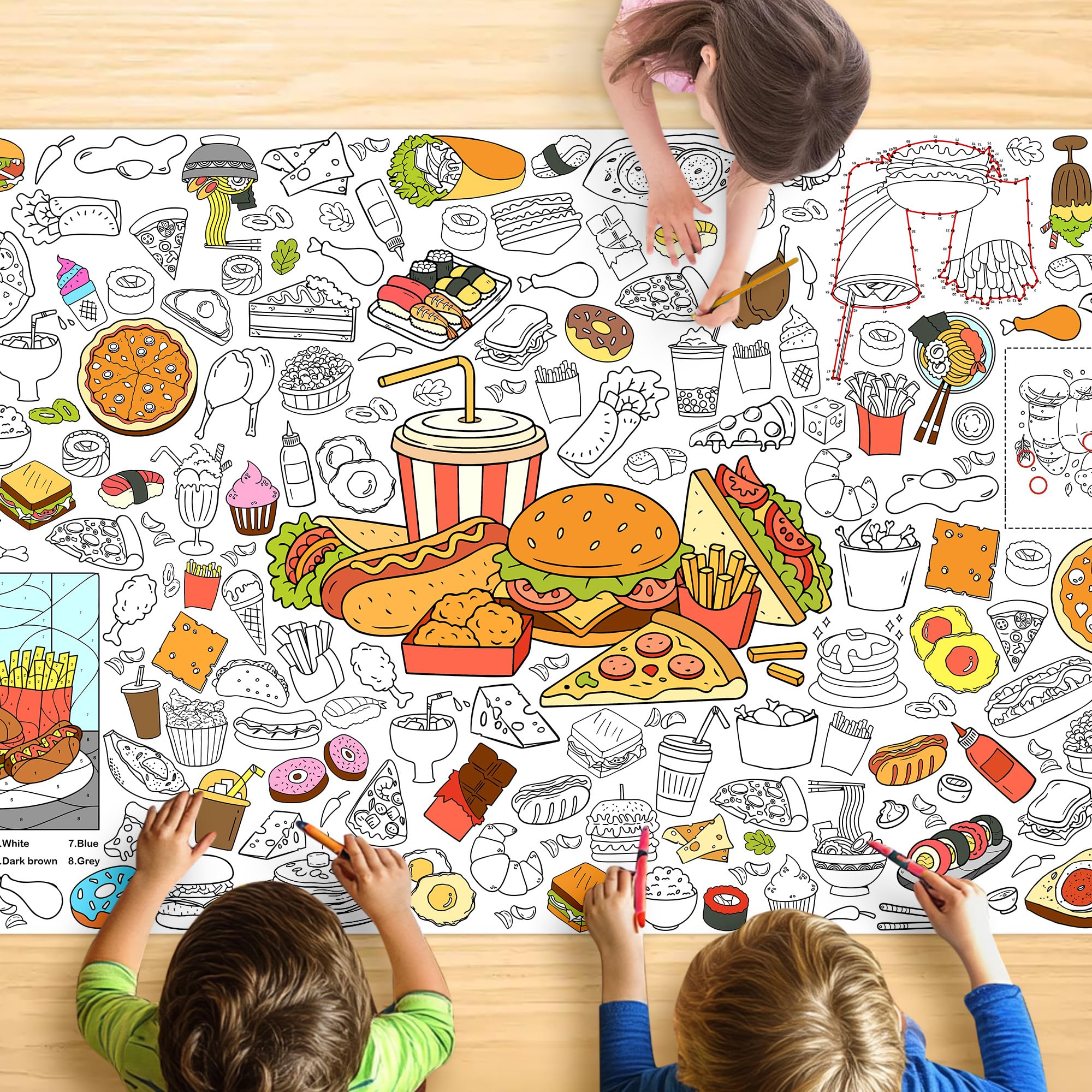 Food Coloring Tablecloth for Kids, Fun 30x72 Inch Poster with Fast Food, Fruits, Treats, Meals, Perfect for Party Games, Decorations, Classroom Fun, Celebration Supplies