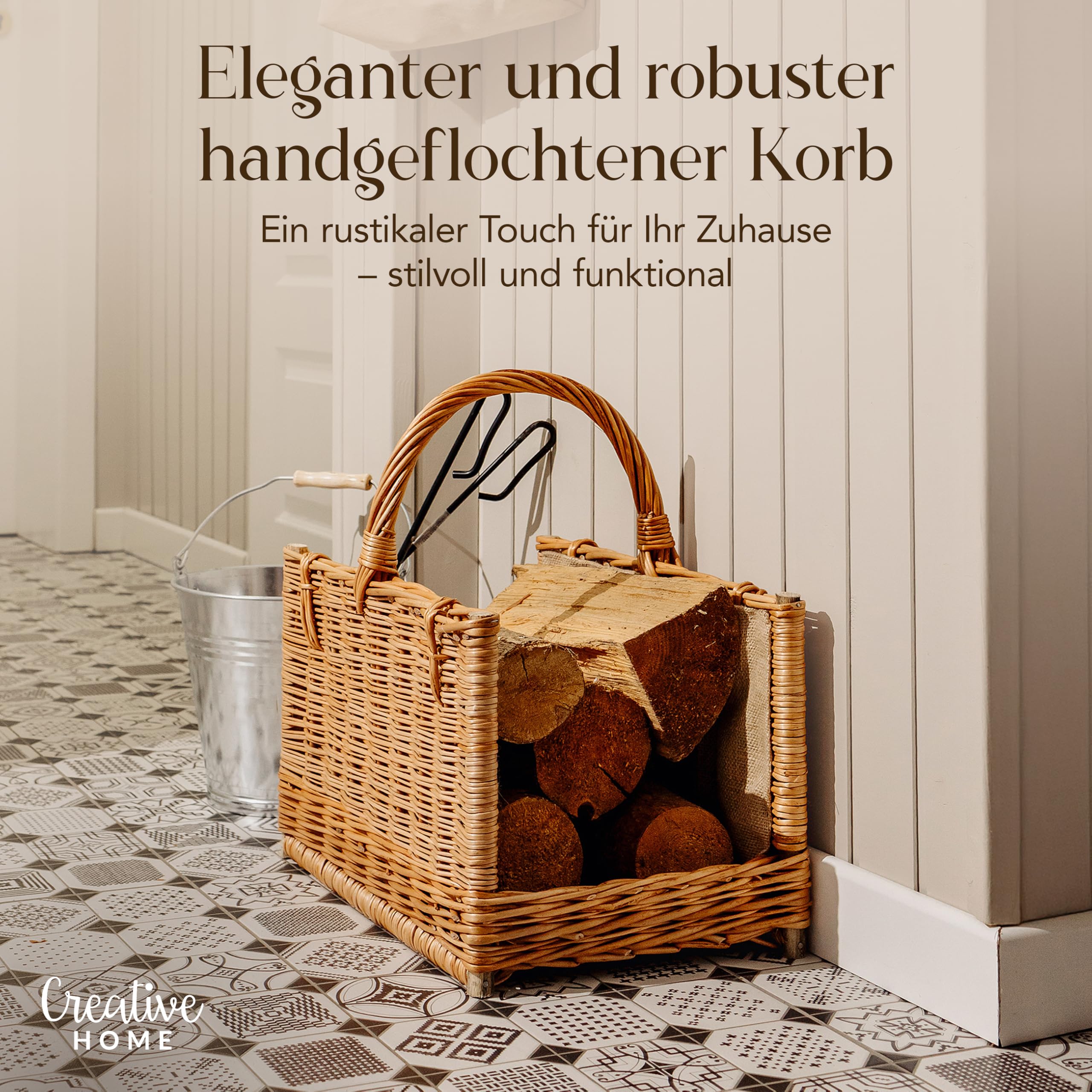 Creative Home Groß Kaminkorb Holzkorb Kaminholzkorb Rattan | 45 x 30 x 47 cm | Aufbewahrung Rechteckig Weidenkorb für Kaminholz/Holz | Braun Dick Weide Feuerholzkorb Holztrage Tragekorb