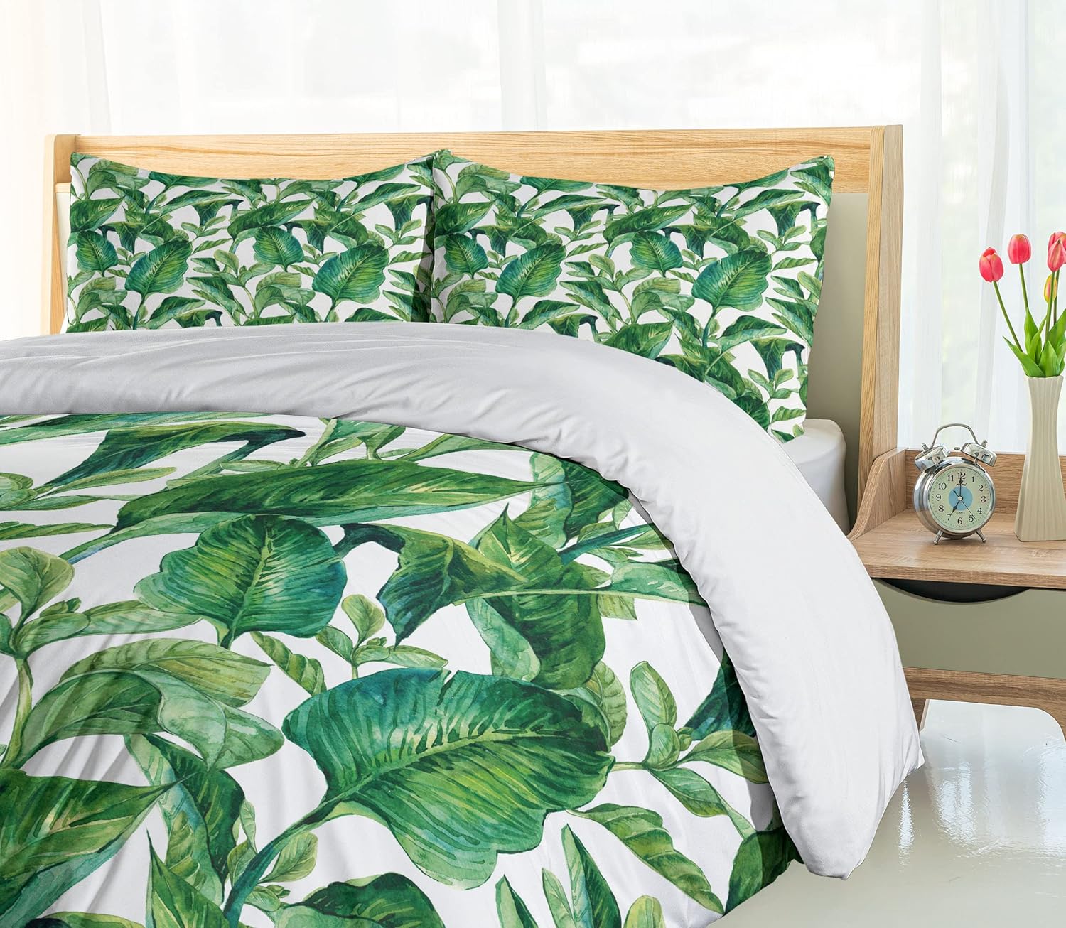 Ambesonne Leaf Duvet Cover Set, Romantic Holiday Island Hawaiian Banana Trees Watercolored Image, Decorative 2 Piece Bedding Set with 1 Pillow Sham, Twin Size, Forest Green Twin Forest Green