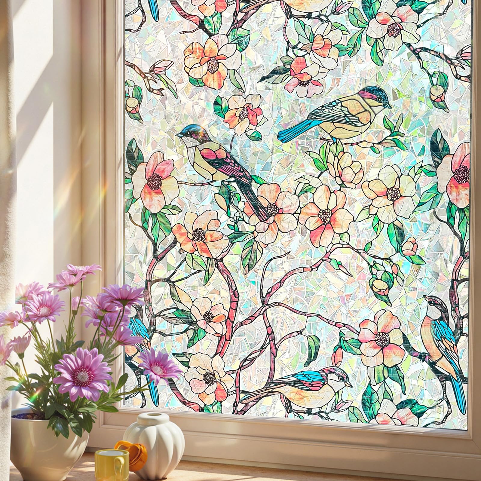 Stained Glass Window Film Privacy for Glass Windows, Window Film Privacy Vinyl Frosted No-Glue Static Cling for Home Kitchen Office Bathroom, Flower and Bird Paradise 44X200CM