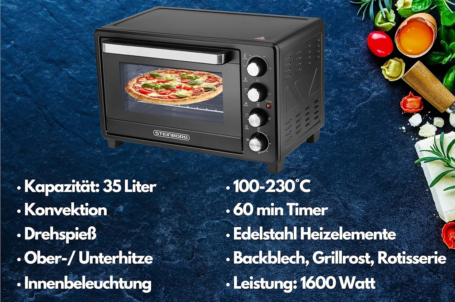Mini forno 35 litri | 1600 Watt | forno per pizza | illuminazione interna | Include teglia e griglia | Spiedo elettrico | Mini forno | Mini forno | Mini forno | Timer 60 min Mini forno 35 litri | 1600 Watt | forno per pizza | illuminazione interna | Include teglia e griglia | Spiedo elettrico | Mini forno | Mini forno | Mini forno | Timer 60 min