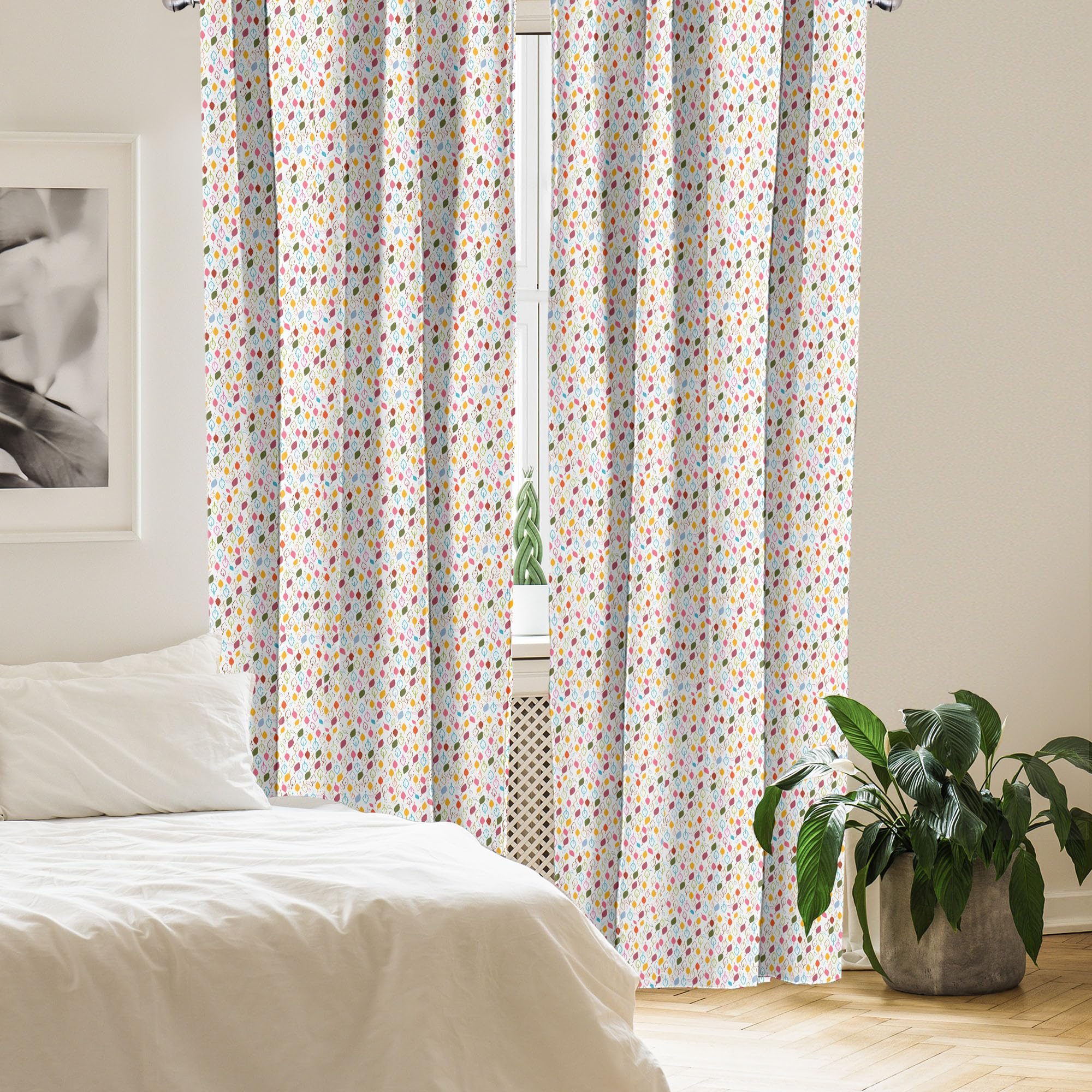 ABAKUHAUS Zasłony z liści, kolorowe kompozycje, zaprawy okienne, 2 panele, zestaw do salonu, sypialni, dekoracja, 150 cm x 245 cm, białe i wielokolorowe