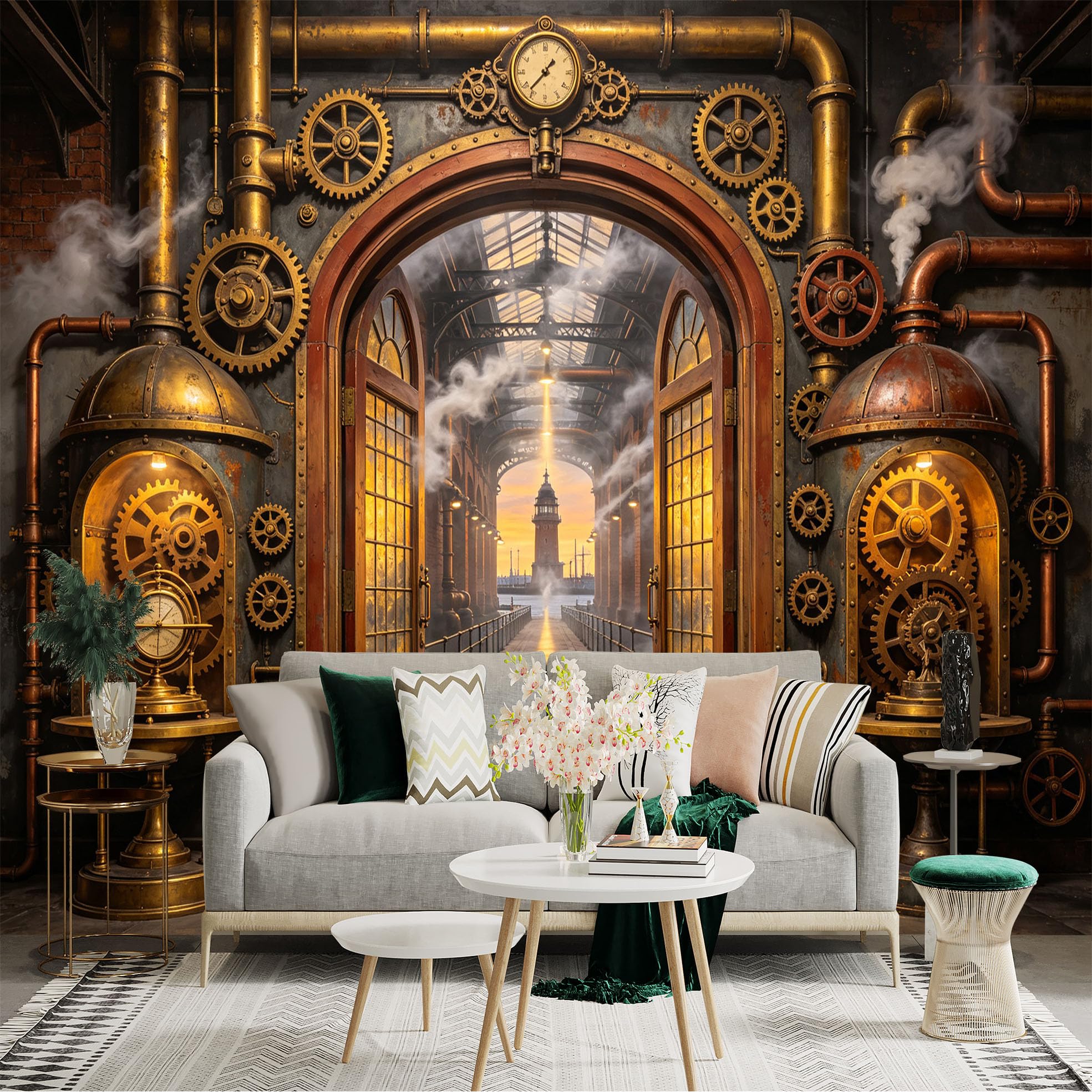 Custom Size Wall Sticker Mural， Steampunk Factory Doorway with Gears， Pipes and Vintage Clock， for wall Decoration， peelandstick wall Decals.