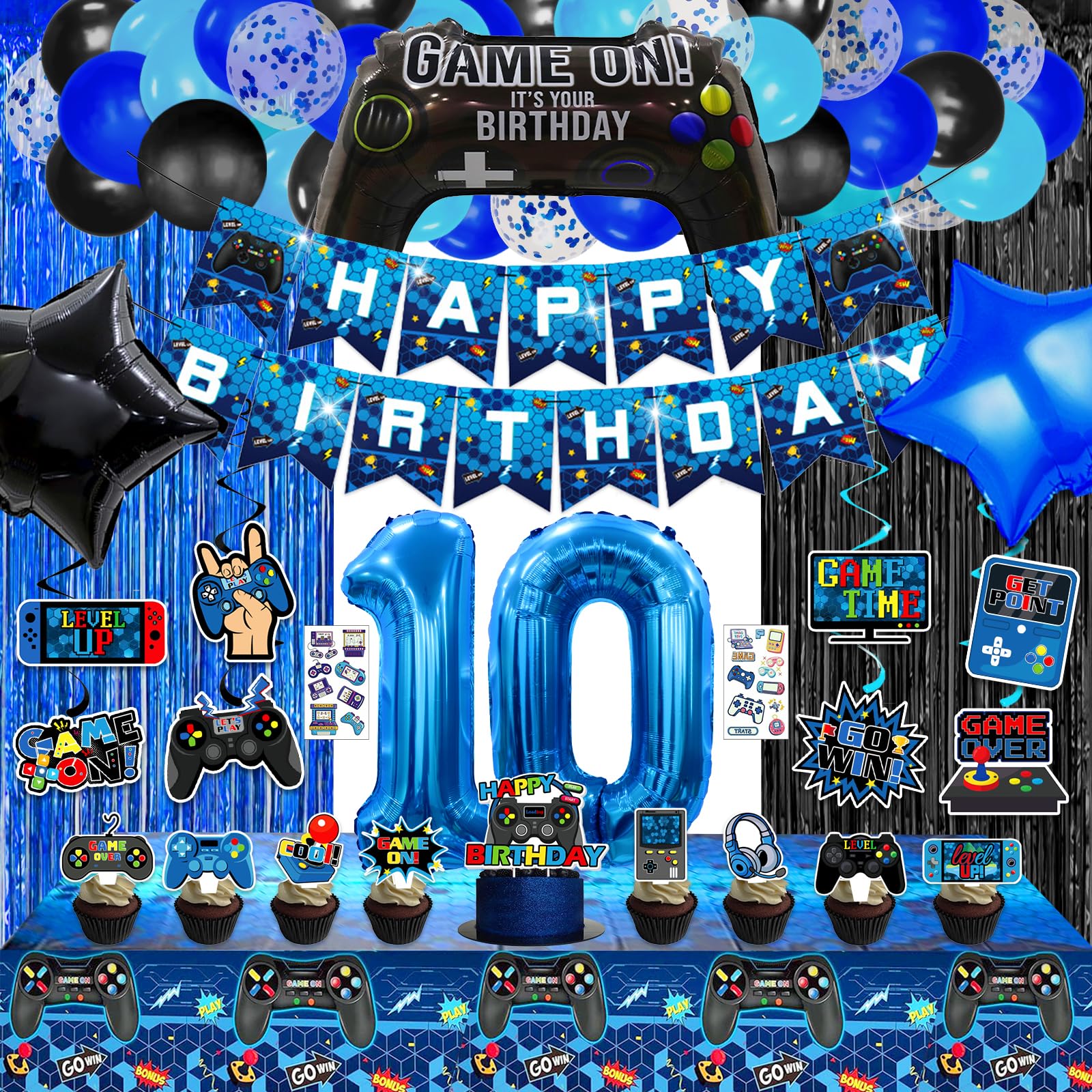 71Pcs Video Game 10th Birthday Party Decorations, Blue Black level 10 Birthday Decorations Banner Hanging Swirls Balloons Garland Arch Foil Curtains