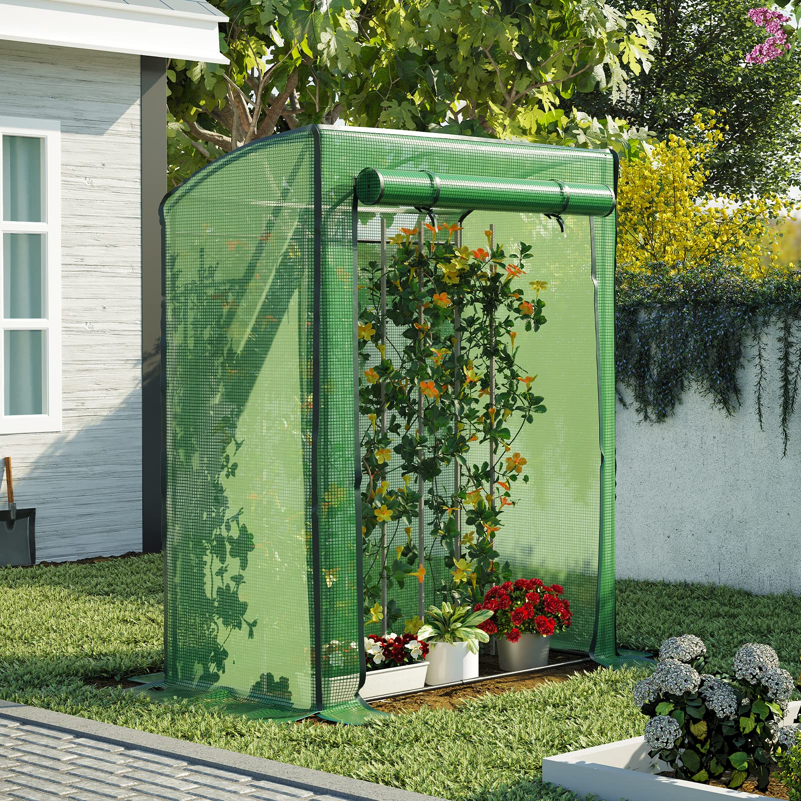 LARMNEE Serre de Jardin, Mini-Serre, Protection pour Tomates, Tente Abri Maraîchère, Toit Arrondi pour Écoulement d’Eau, Porte Zippée Enroulable, Bâche en PE, Vert EGN71GH02