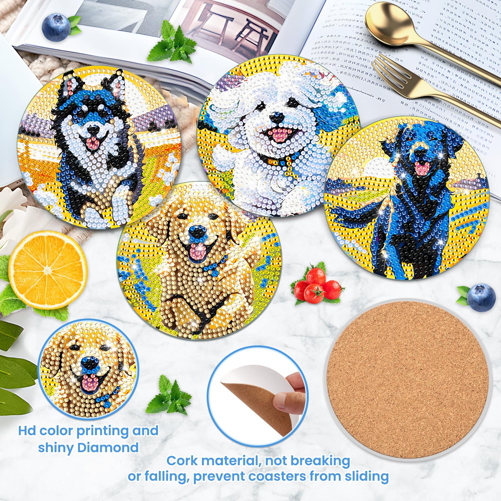 Lxmsja 8 Pcs Dog Diamond Painting Coasters with Stand, 5D Animals Diamonds Kit Diamond Art Adults - Image 4