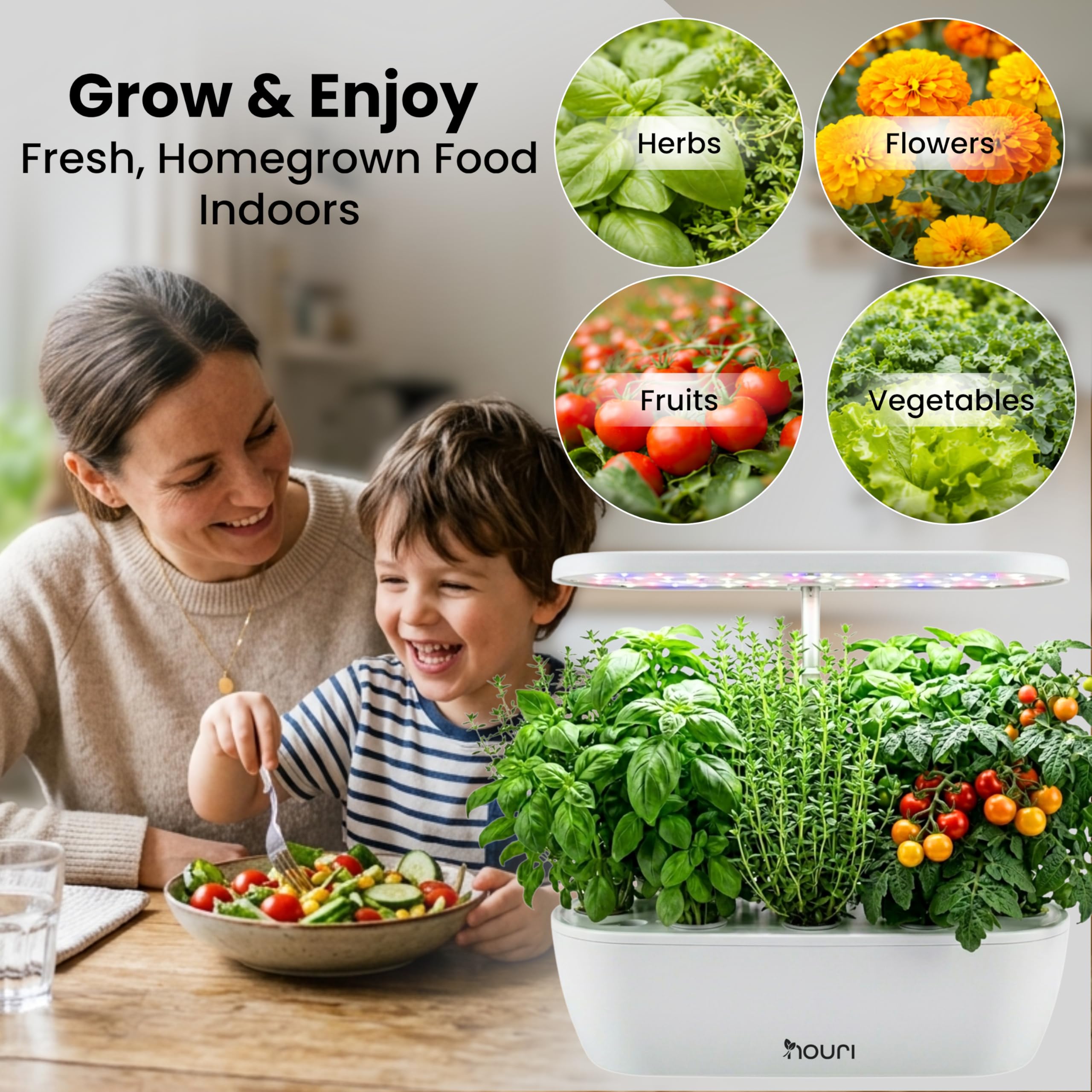 Nouri Hydroponisches Anzuchtsystem, 12 Hülsen Smart Indoor Kräutergarten Set mit App & LED-Wachstumslicht, Hydroponischer Kräutergarten für Zuhause & Küche, Salat Little Gem Samen inklusive
