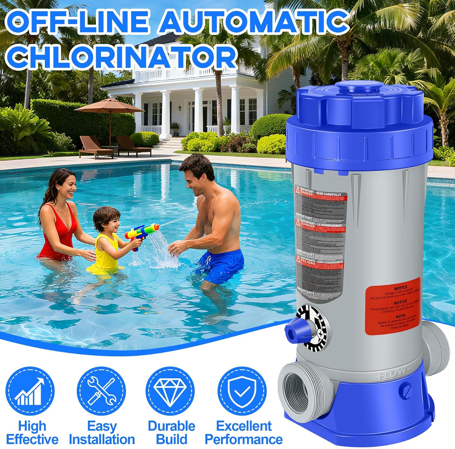 SeaSlep Off-Line Automatic Pool Chlorinator with Adjustable Output, Automatic Chlorine Feeder with 9.0 Lbs Capacity,Easy to Install Off Line Chlorinator for Inground Pool,Compatible with Hayward(Blue)