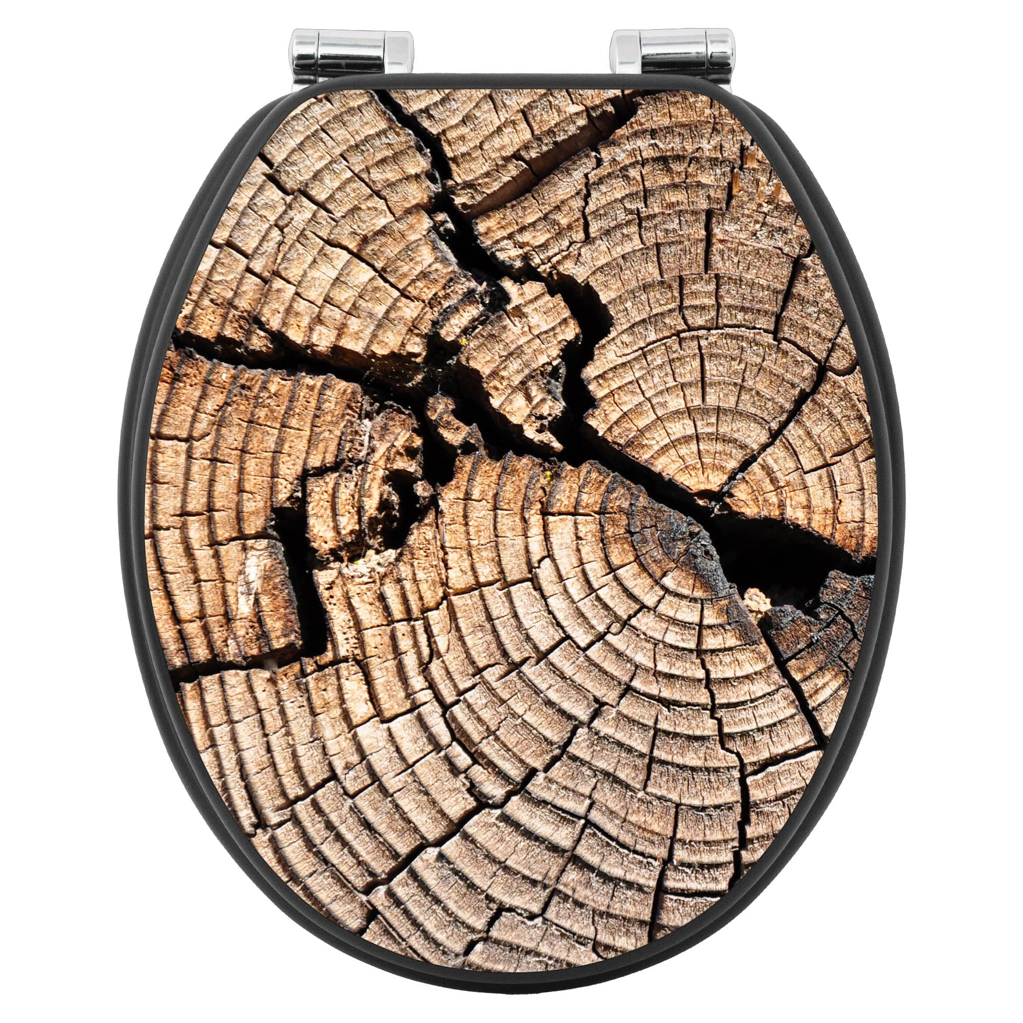banjado WC Sitz Holzoptik - mit Absenkautomatik Softclose - 38 x 46,5cm O-Form - MDF Holz Toilettendeckel anthrazit - Klositz grau pflegeleicht für Badkomfort Motiv Zeichen Der Zeit