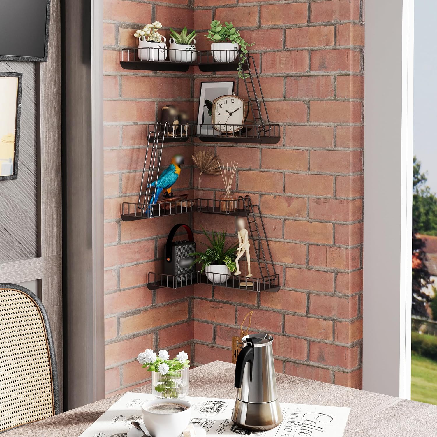 4-Tier Fire Escape Wall Shelf - New York Style Fire Escape Shelf for Figures, Corner Floating Shelves for Wall, Trinket Display Shelves for Home Décor - Black
