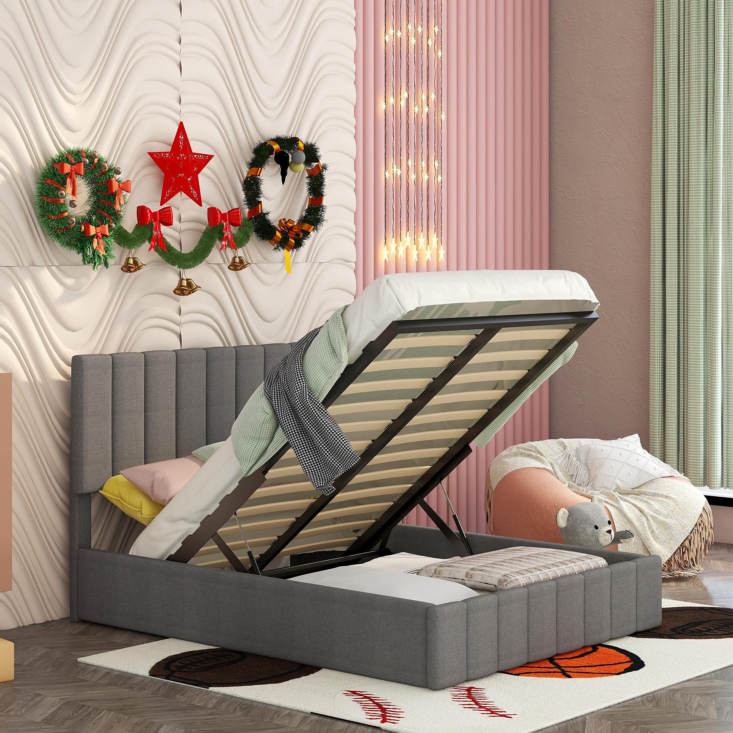 Full Upholstered Platform Bed Underneath Storage, Wooden Bed Frame with