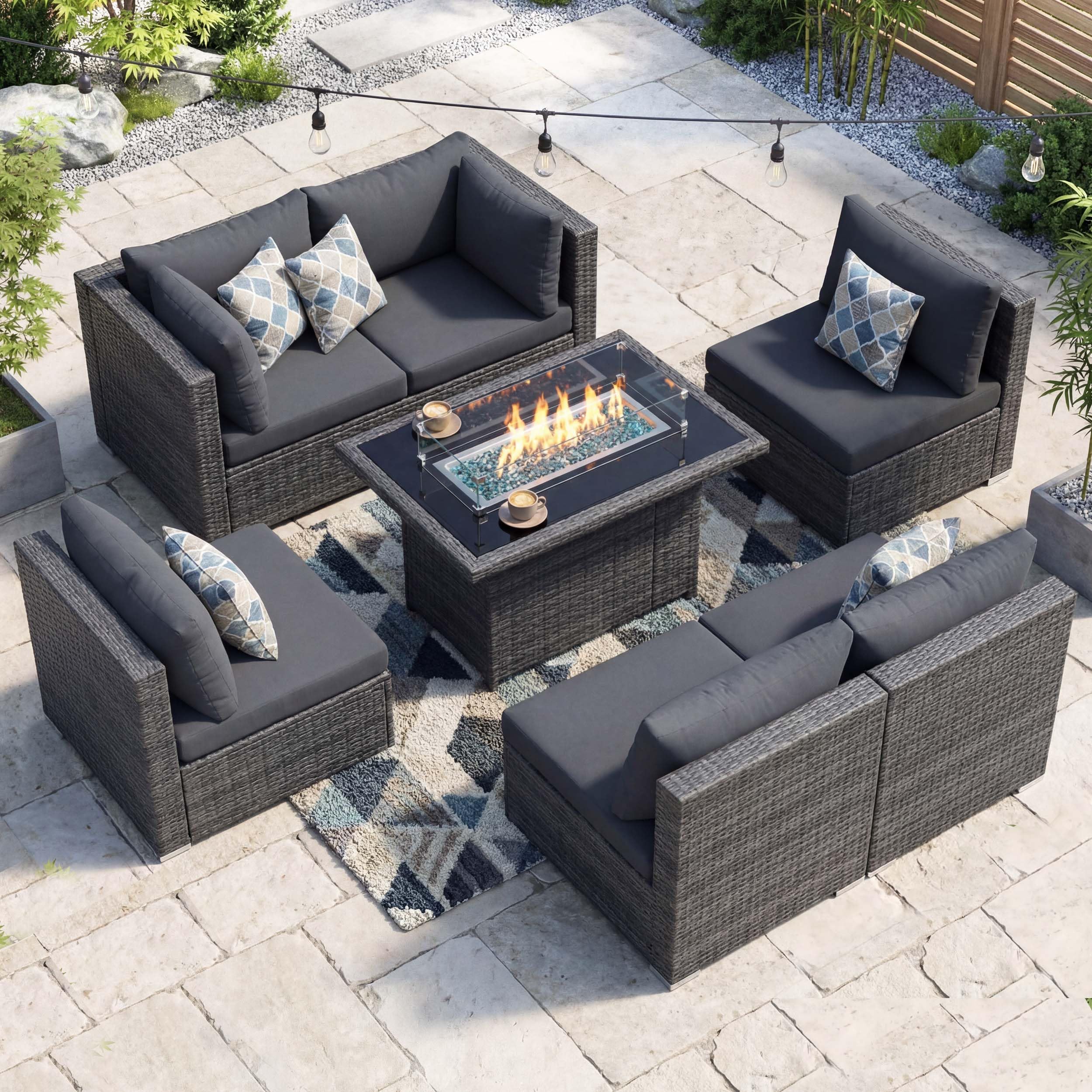 NICESOUL Extra Large Rattan Patio Furniture Set with Gas/Propane Fire Pit Table, 29.3'' High Back Comfy Outdoor Sofa Conversations, 7 Piece Moden Deep