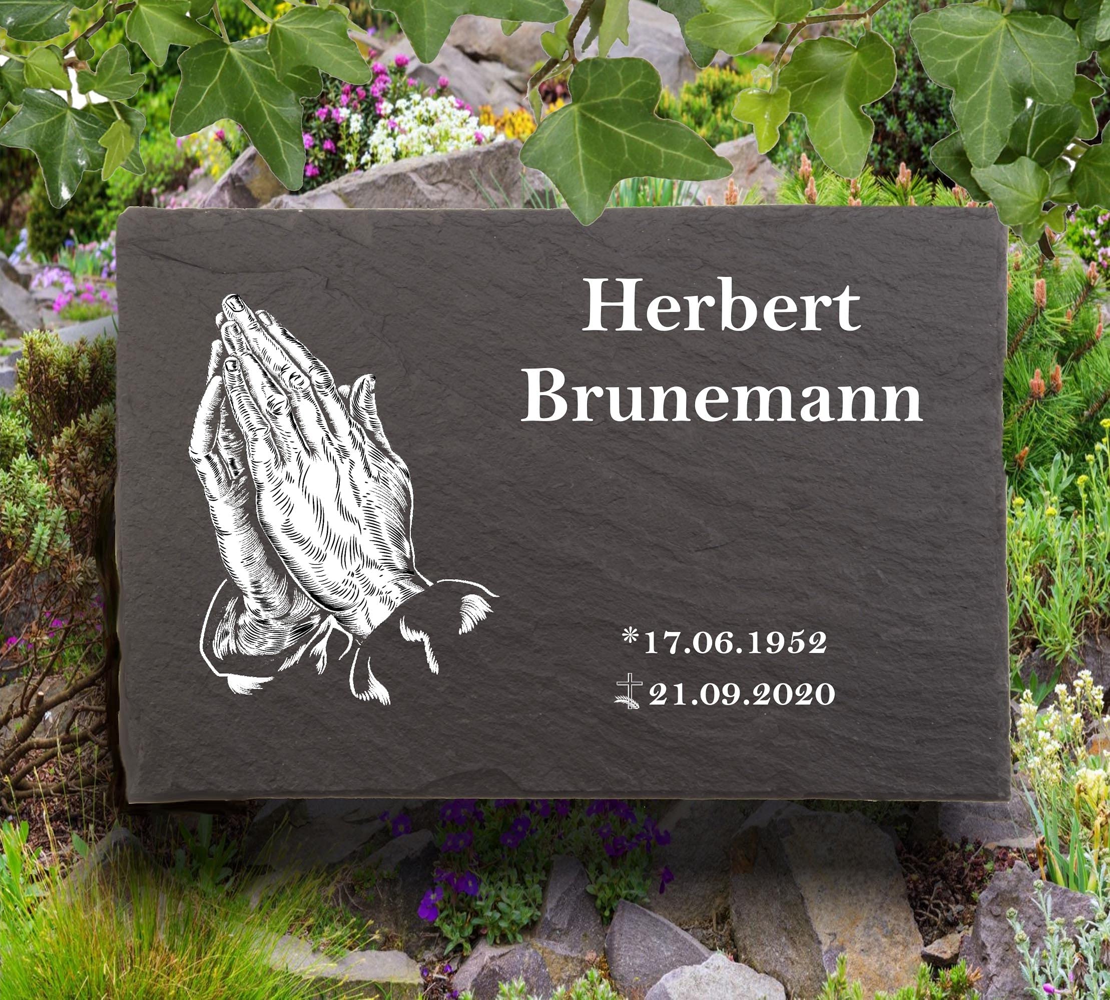 Urnengrabstein Betende Hände, Grabsteine, Grabplatten mit personalisierter Lasergravur, 30cm x 20cm 100% witterungsbeständig, Naturschieferstein
