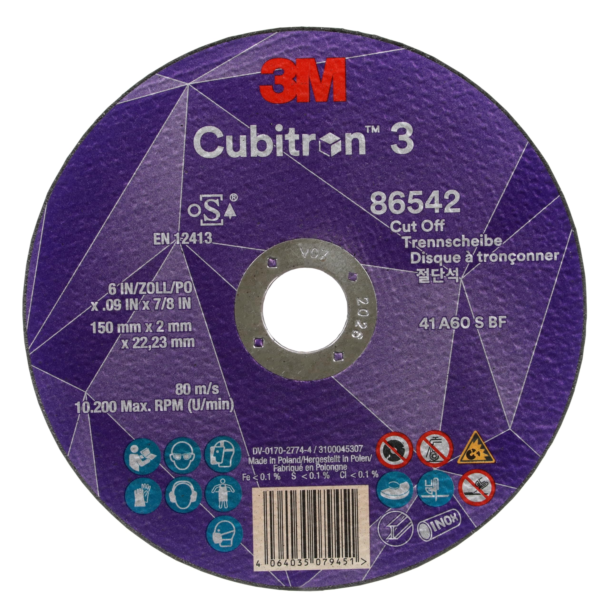 3M Cubitron 3 Cut-Off Wheel, 86542, 60+, T41, 150 mm x 2 mm x 22.23 mm, EN, 25/Pack