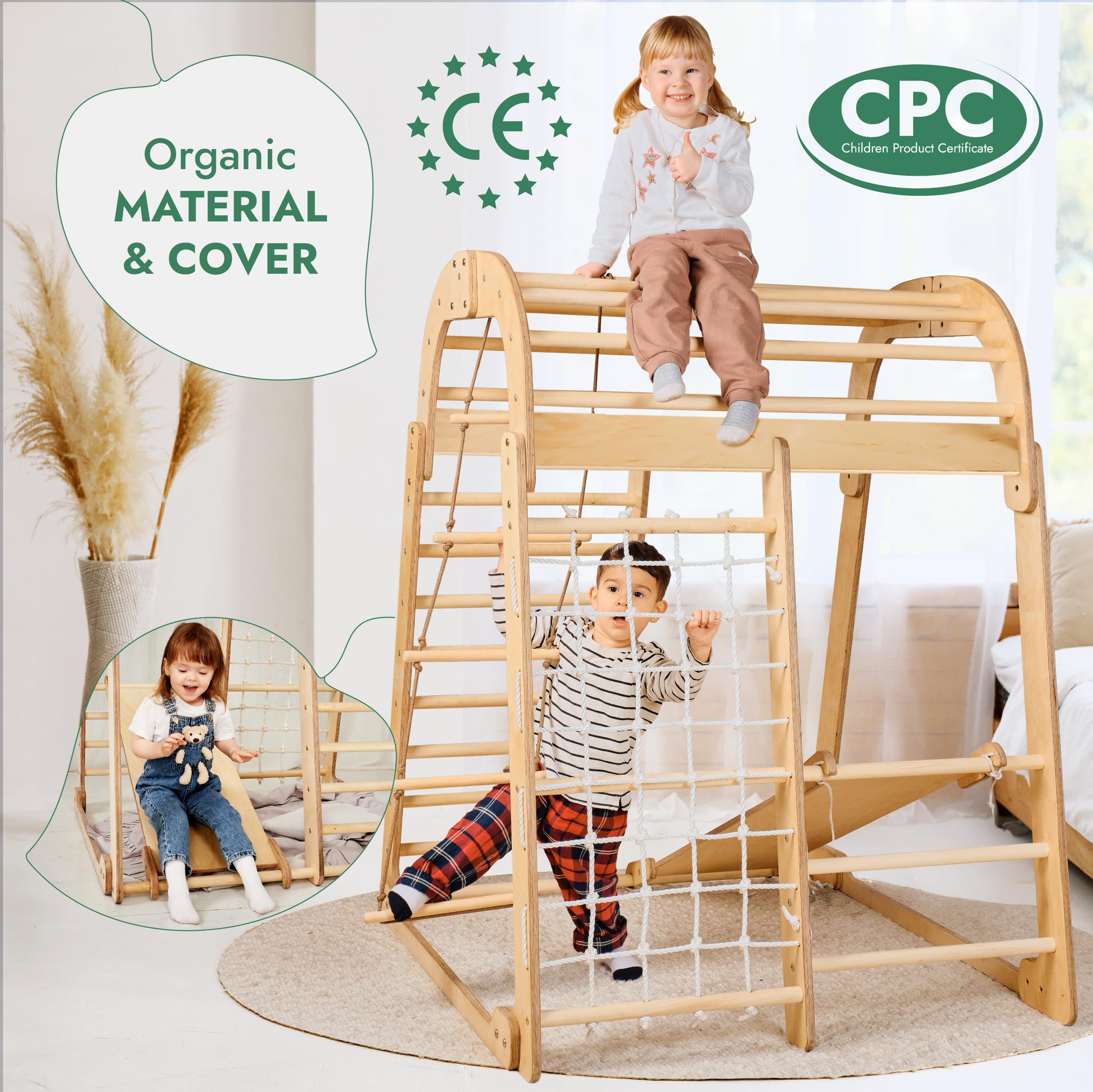 Goodevas Montessori drewniany plac zabaw do wspinaczki z drewna dla dzieci do użytku wewnątrz i na zewnątrz, drewniany plac zabaw ze zjeżdżalnią, huśtawką, ścianką wspinaczkową, linką do wspinaczki i