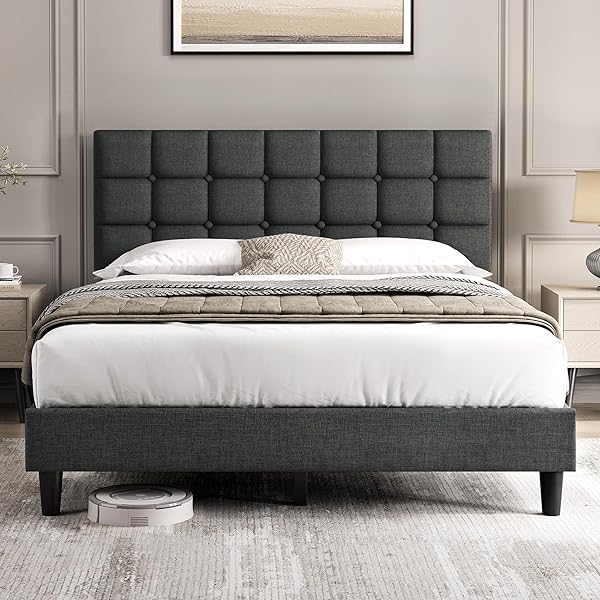 Yaheetech Upholstered Bed Frame, Modern Full Bed Platform with Square Stitched&Button Tufting Headboard Height Adjustable, Wooden Slats Support, No Box Spring Needed, Full Size, Dark Gray