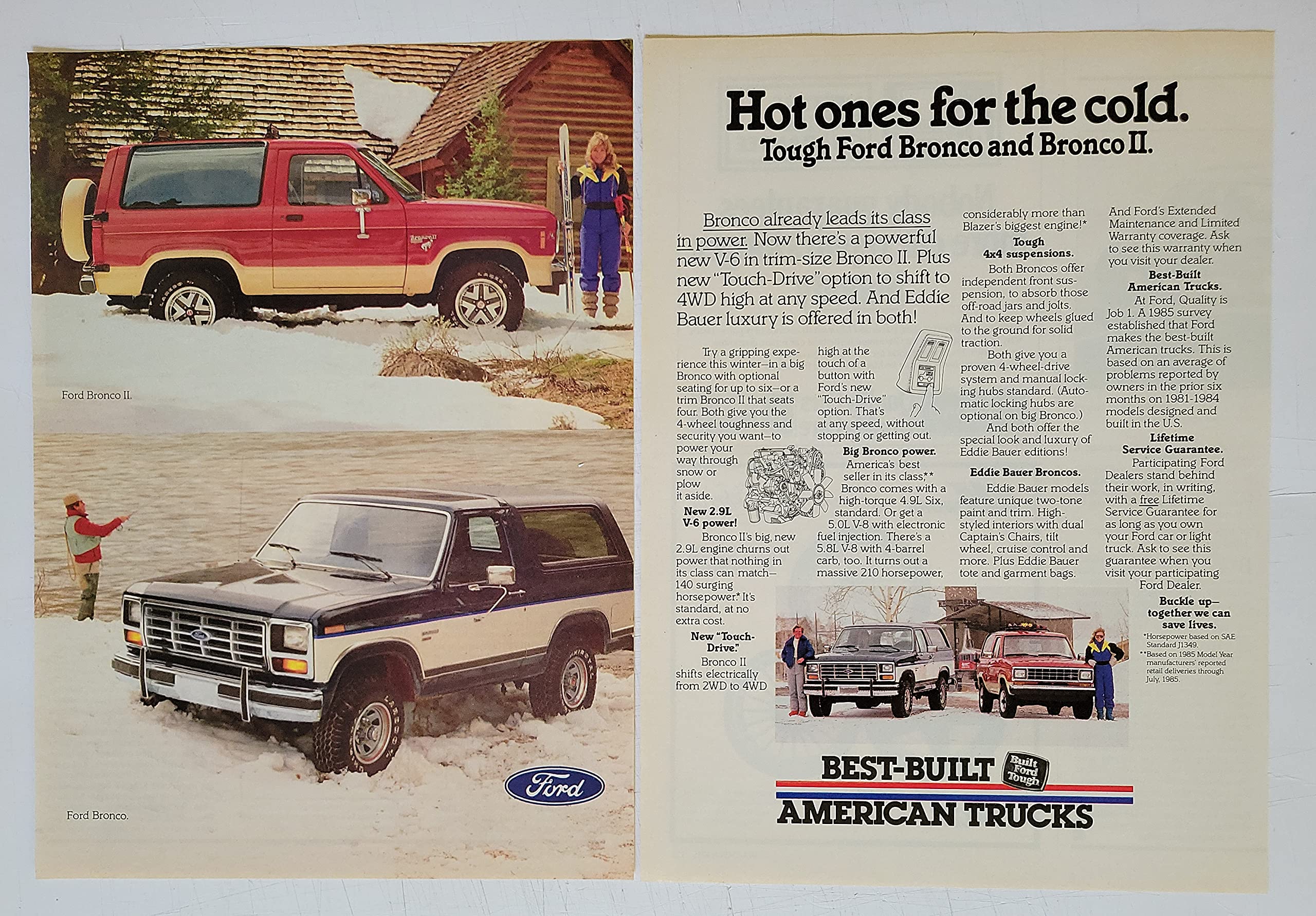 Amazon.com: Magazine Print ad: 1986 Ford Bronco and Bronco II, 4.9 L Six,  5.0 L V-8, 2.9 L V-6, Eddie Bauer Edition, Snow Winter scene,"Hot Ones for  the Cold - Best Built