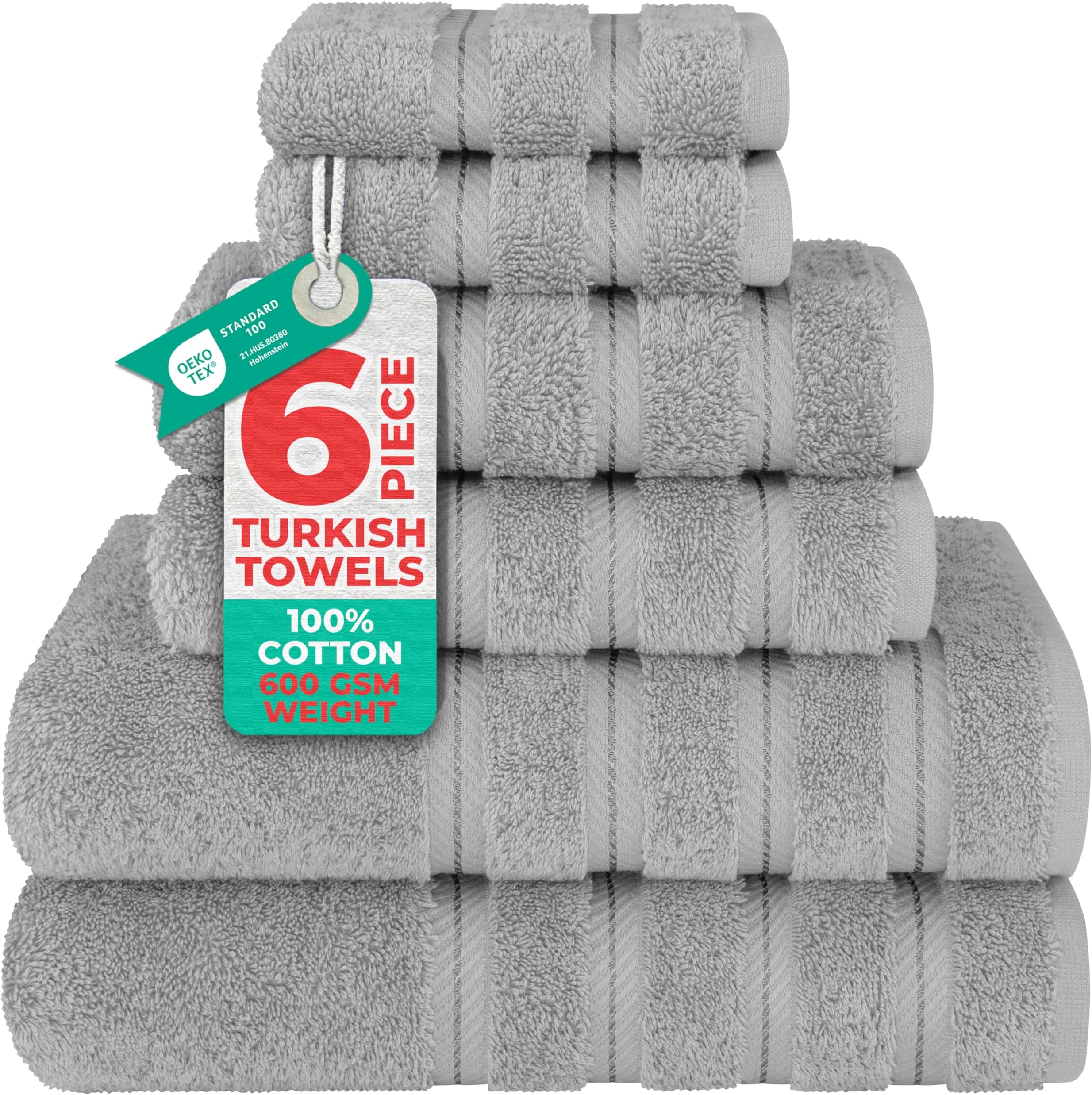 American Soft Linen GMSD 6-Piece 100% Turkish Genuine Cotton Premium & Luxury Towel Set for Bathroom & Kitchen, 2 Bath Towels, 2 Hand Towels & 2 Washcloths [Worth $72.95] - Rockridge Grey