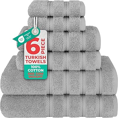 American Soft Linen Luxury 6 Piece Towel Set, 2 Bath Towels 2 Hand Towel 2 Washcloths, 600 GSM 100% Cotton Turkish Towels for Bathroom, Light Grey Towel Sets