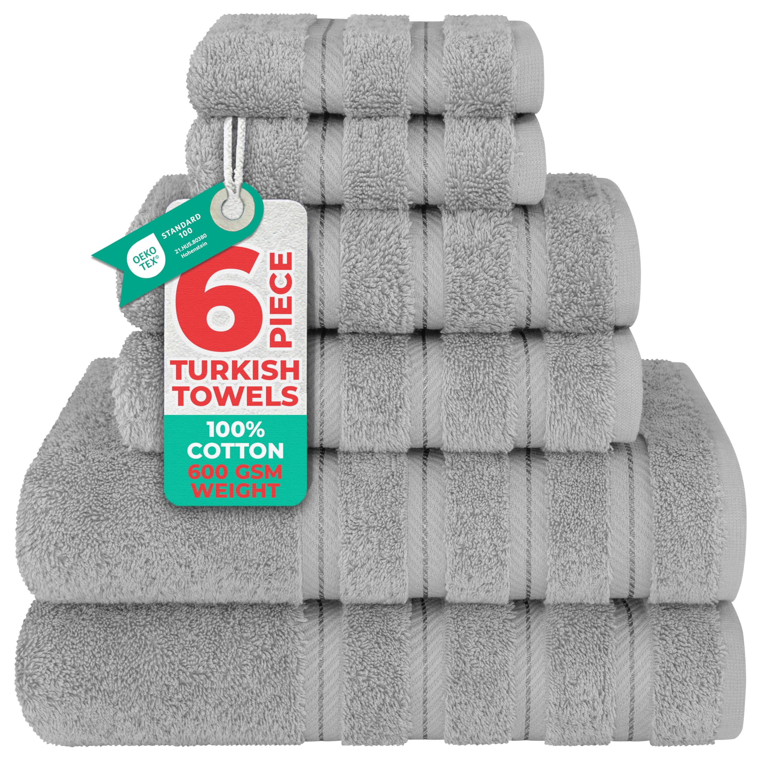 GMSD 6-Piece 100% Turkish Genuine Cotton Premium & Luxury Towel Set for Bathroom & Kitchen, 2 Bath Towels, 2 Hand Towels & 2 Washcloths [Worth $72.95] - Rockridge Grey