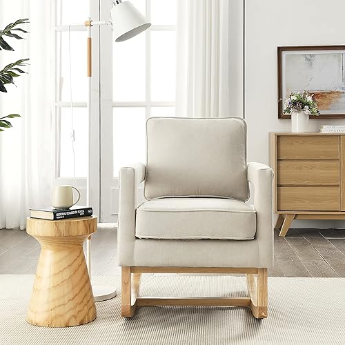 Miniatura 4 de Mecedora moderna de terciopelo, tapizada con respaldo alto movible y base de madera maciza, sillón individual para sala de estar, dormitorio,