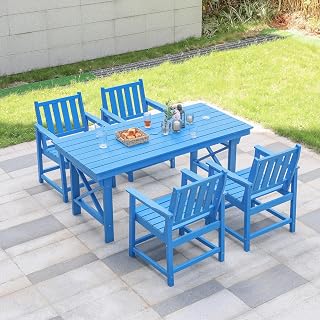 HDPE Patio Dining Set, 5-Piece Outdoor Table and Chairs with Umbrella Hole, Modern Outdoor Dining Set for 4, HDPE Outdoor Patio Furniture Dining Sets for Deck, Poolside, Porch, Sky Blue