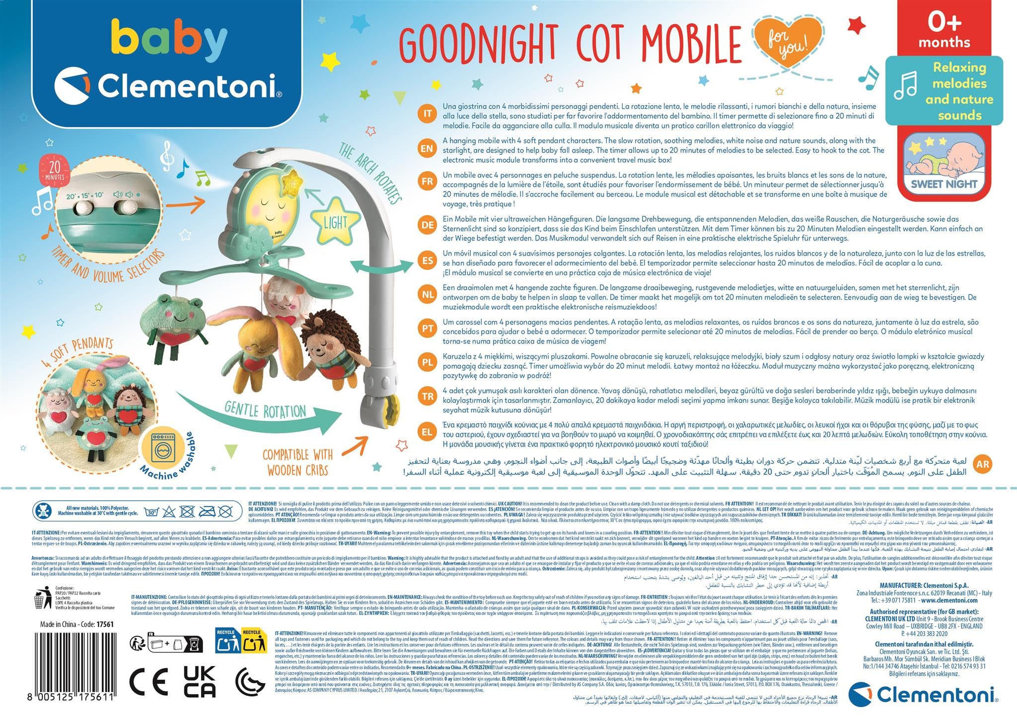 Clementoni Giostrina Carillon Babybett Mobile mit Elektronikmodul, Musik und Naturgeräuschen, verstellbar und abnehmbar für Krippe oder Kinderwagen