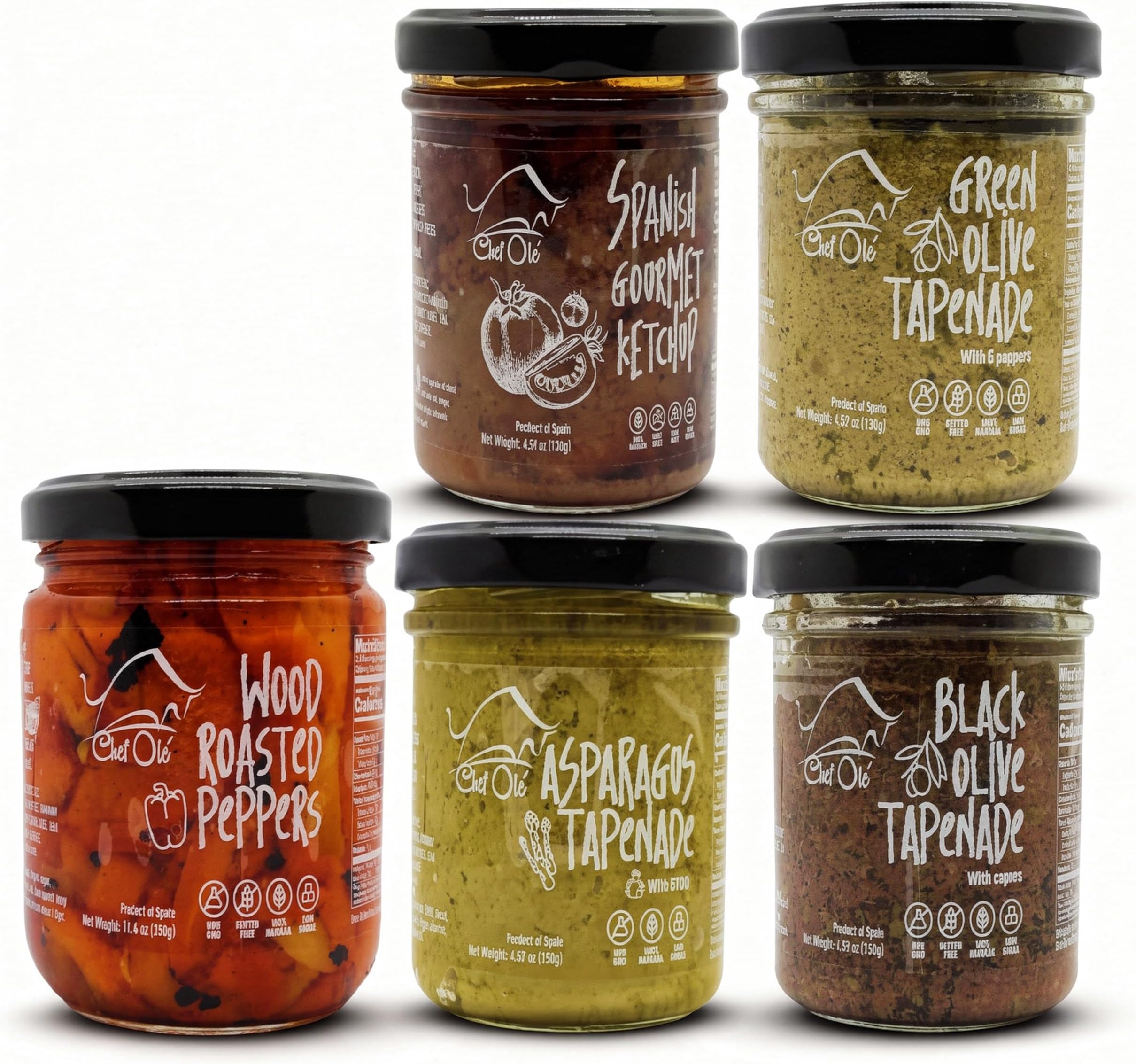 Olive Tapenade Dips and Spreads Gift Set | Perfect for Snacking, Charcuterie Boards & Mediterranean Party Food | Includes Tapenade Salsas, Antipasto & Spanish Gourmet Ketchup | 6 oz, Set Of 5 | Chef Ole