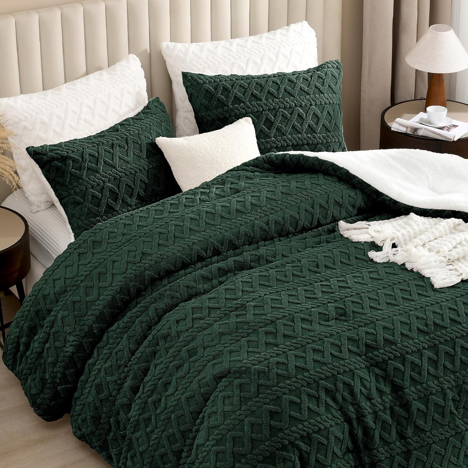 Andency Fluffy Sherpa King Comforter Set Dark Green, Super Soft Emerald Green Fleece Warm Bedding for Winter, Luxury Jacquard Boho Thick Fuzzy Plush Bed Set 3 Pieces(1 Shaggy Comforter, 2 Pillowcases) - Image 3