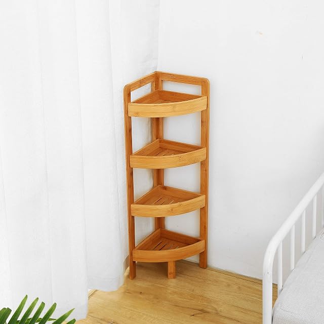 Woodluv Freestanding 4 Tier Corner Unit, Bathroom Living Room Stand-up - 100% Sustainable Bamboo